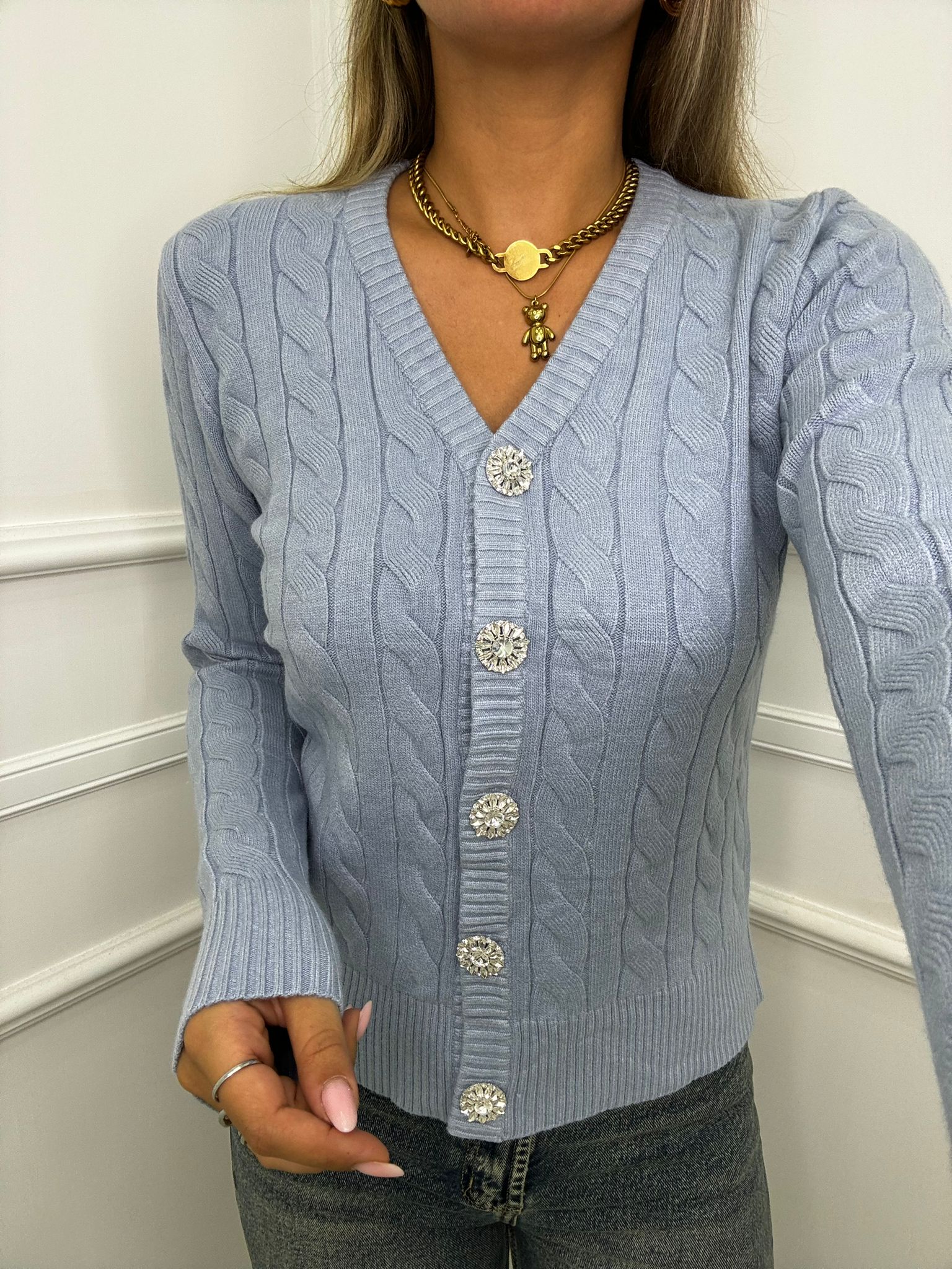 Cardigan trama treccia con bottoni gioiello