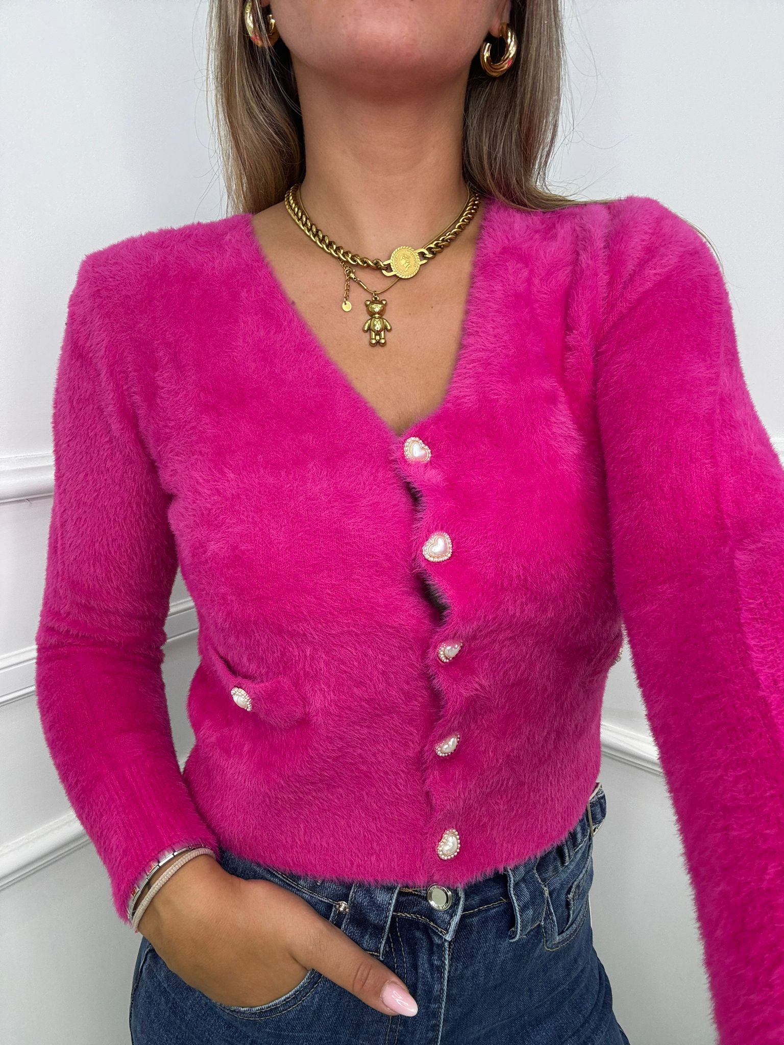 Cardigan in pelo con bottoni swarovski