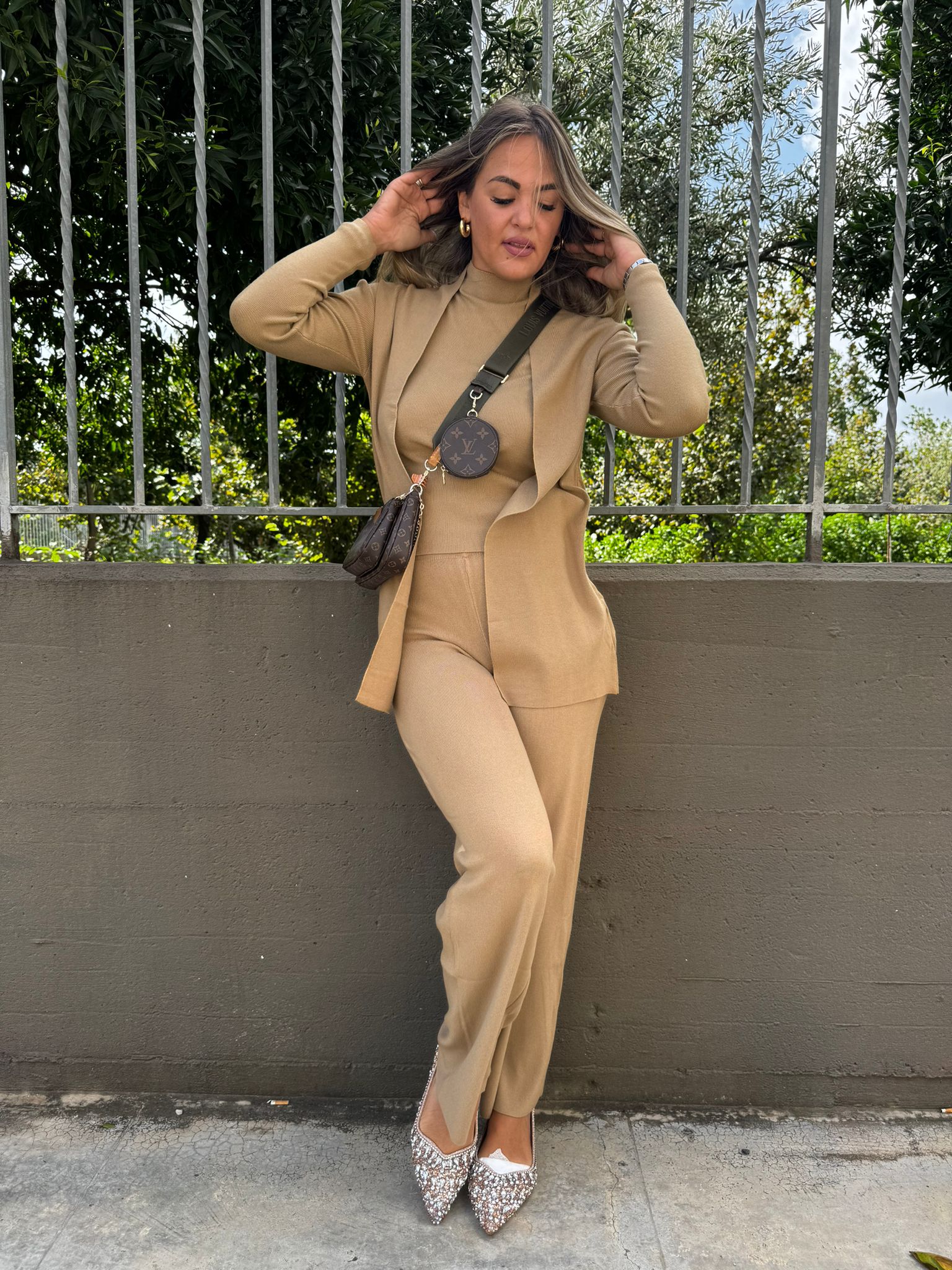 Coordinato 3 pezzi tinta unita con cardigan lungo