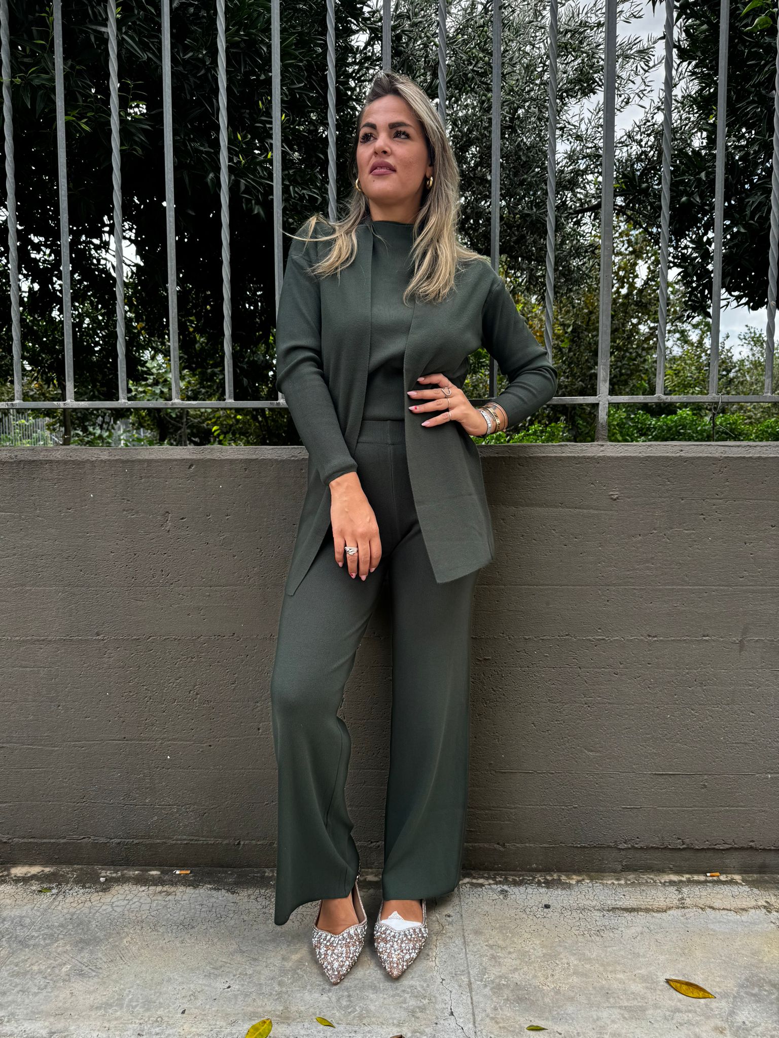 Coordinato 3 pezzi tinta unita con cardigan lungo