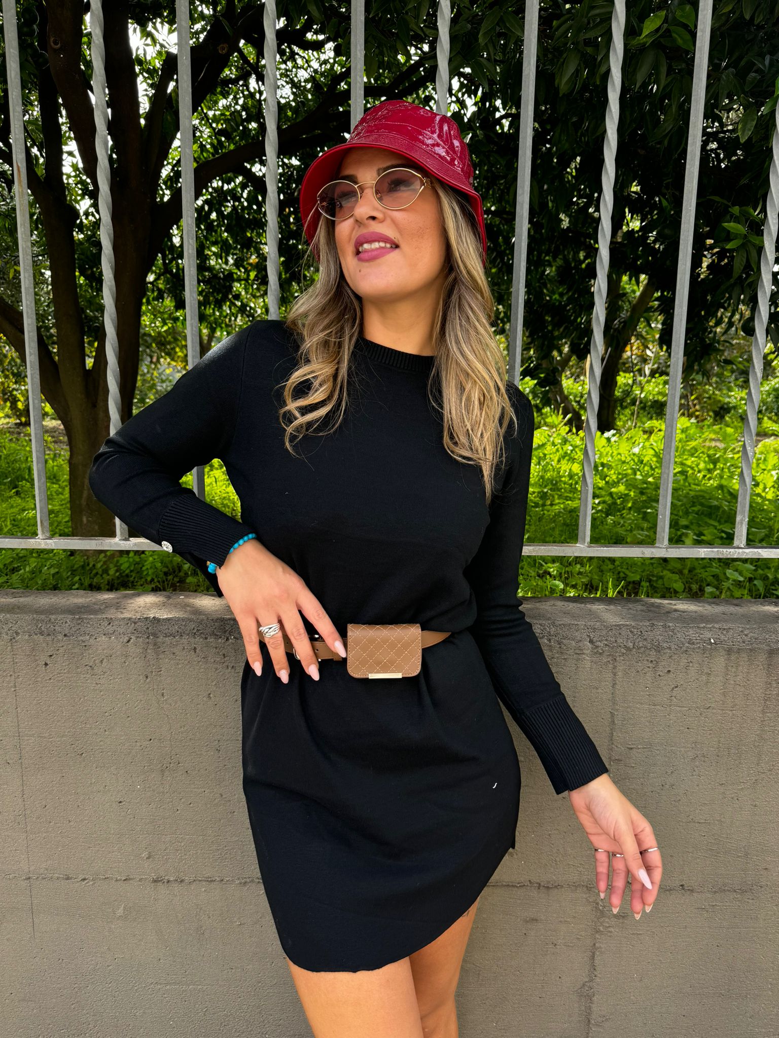Vestito in lana rasata con cintura in vita