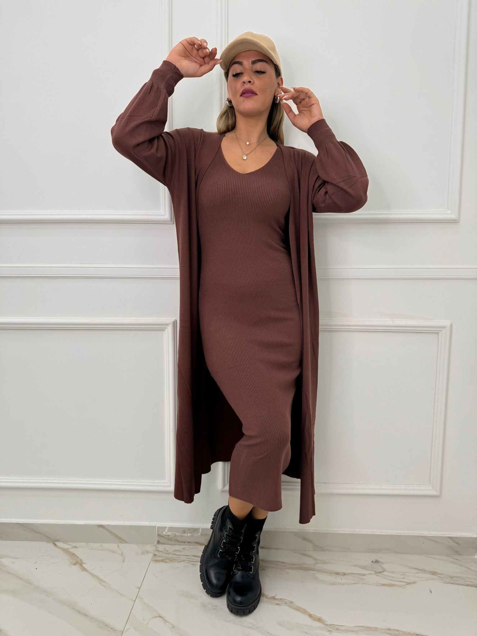 Coordinato 2 pezzi con vestito e cardigan lungo