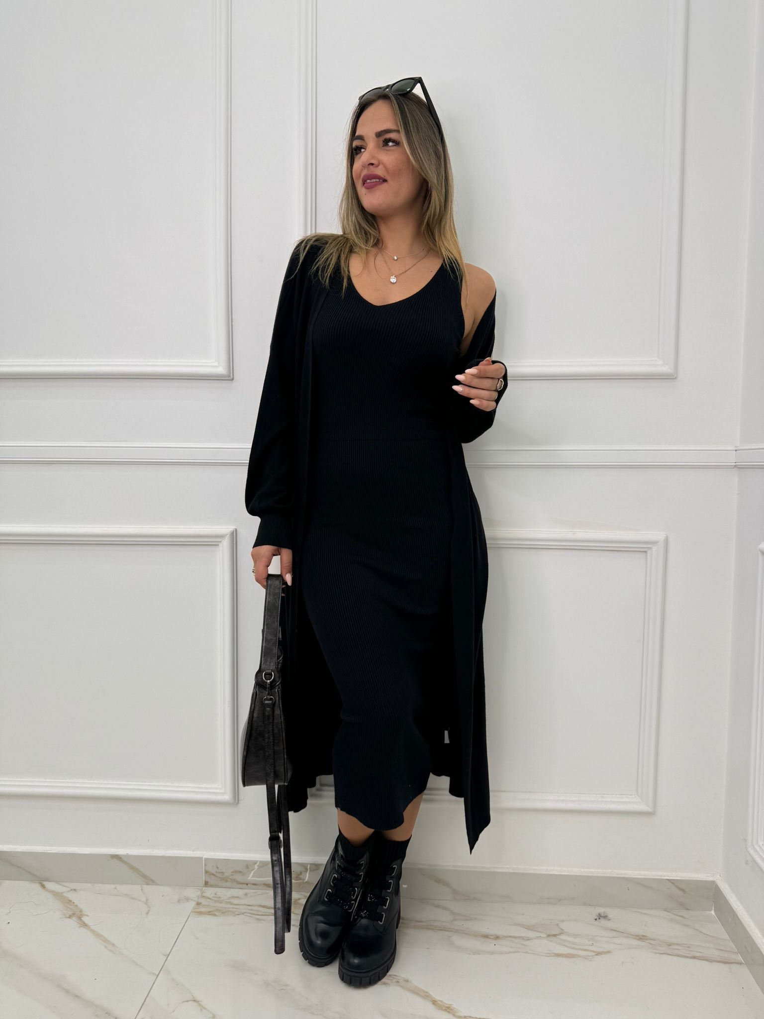 Coordinato 2 pezzi con vestito e cardigan lungo