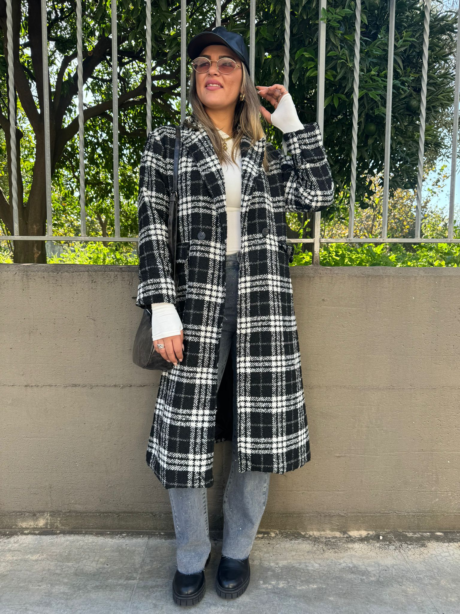 Cappotto lungo modello over fantasia quadrettini