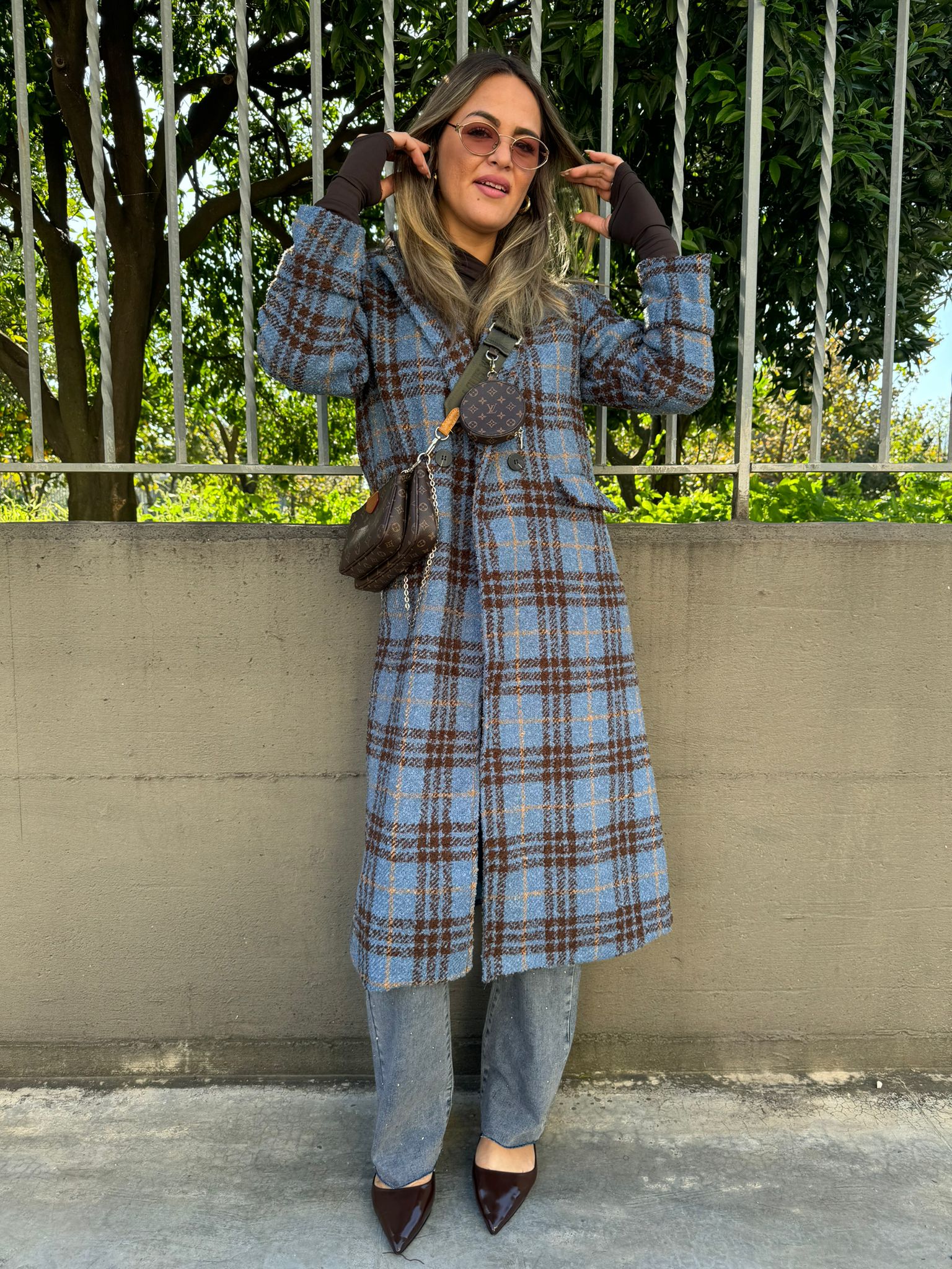 Cappotto lungo modello over fantasia quadrettini