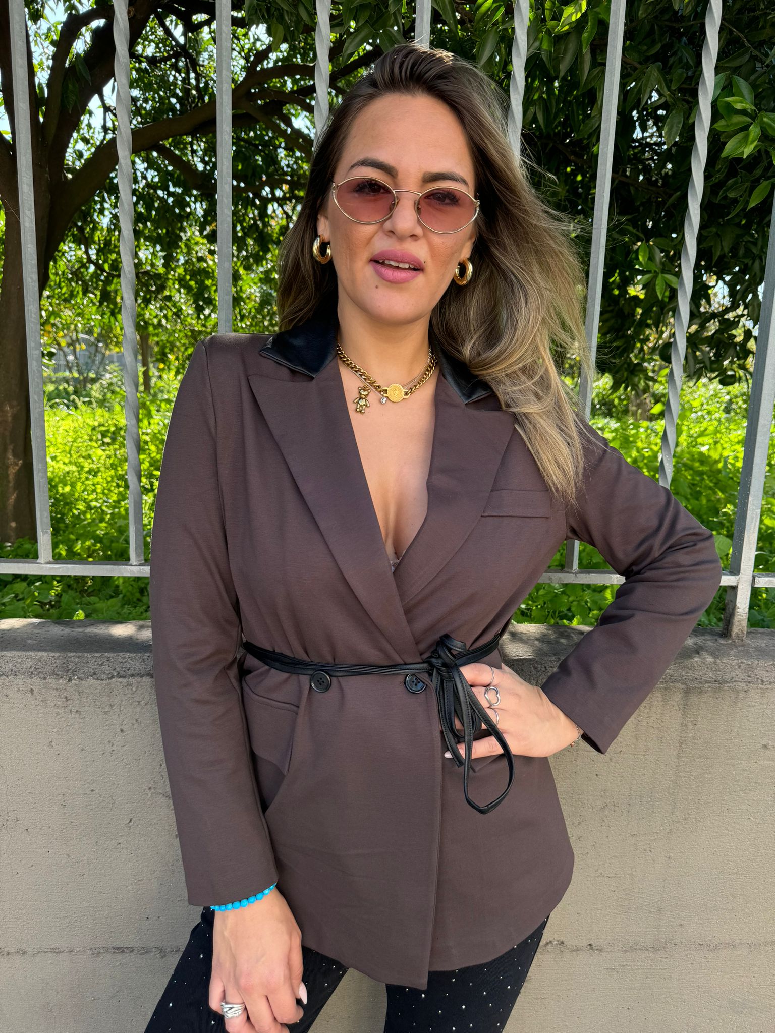 Giacca doppio petto con rever eco pelle