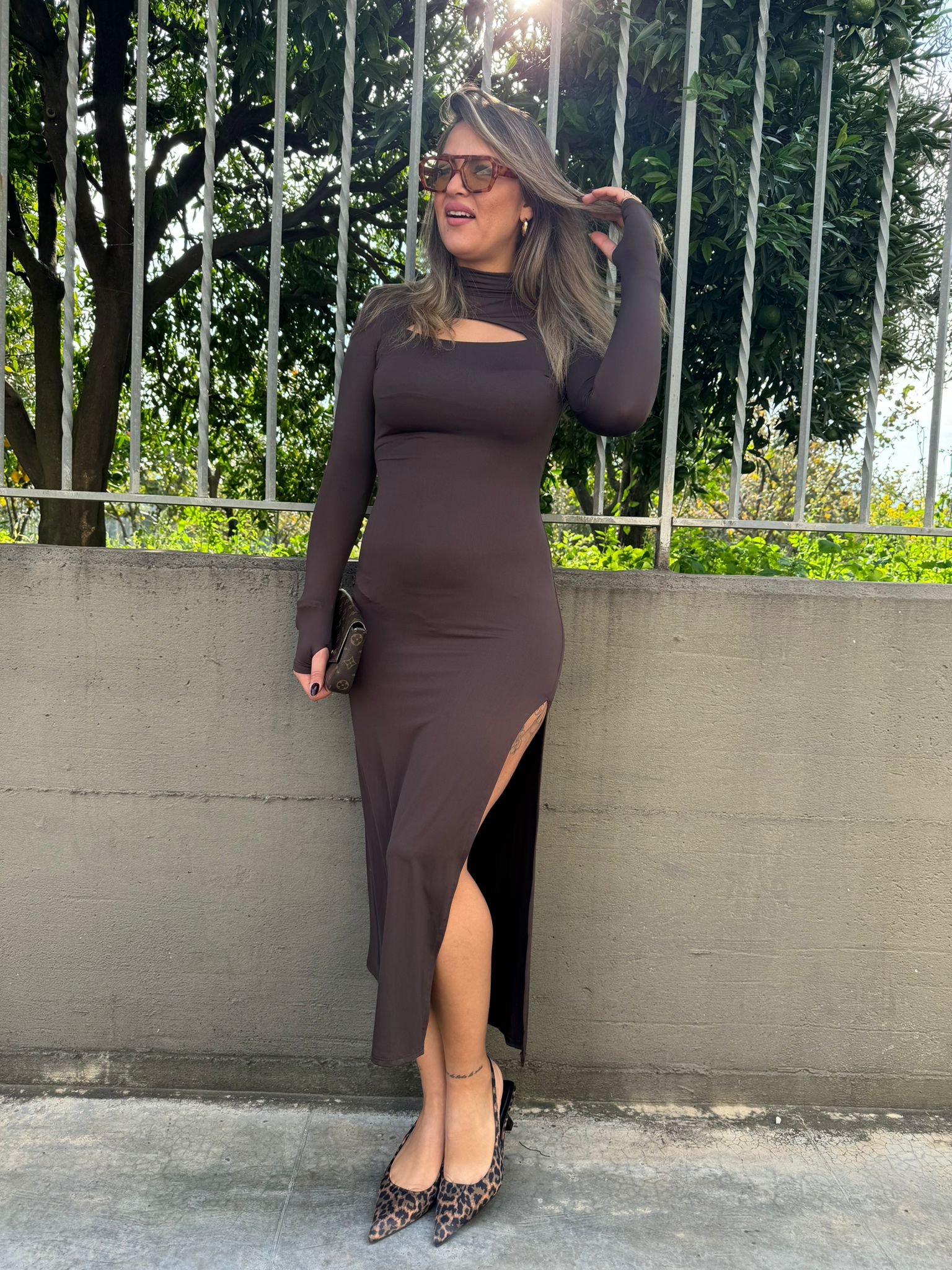 Vestito lungo in lycra con apertura avanti