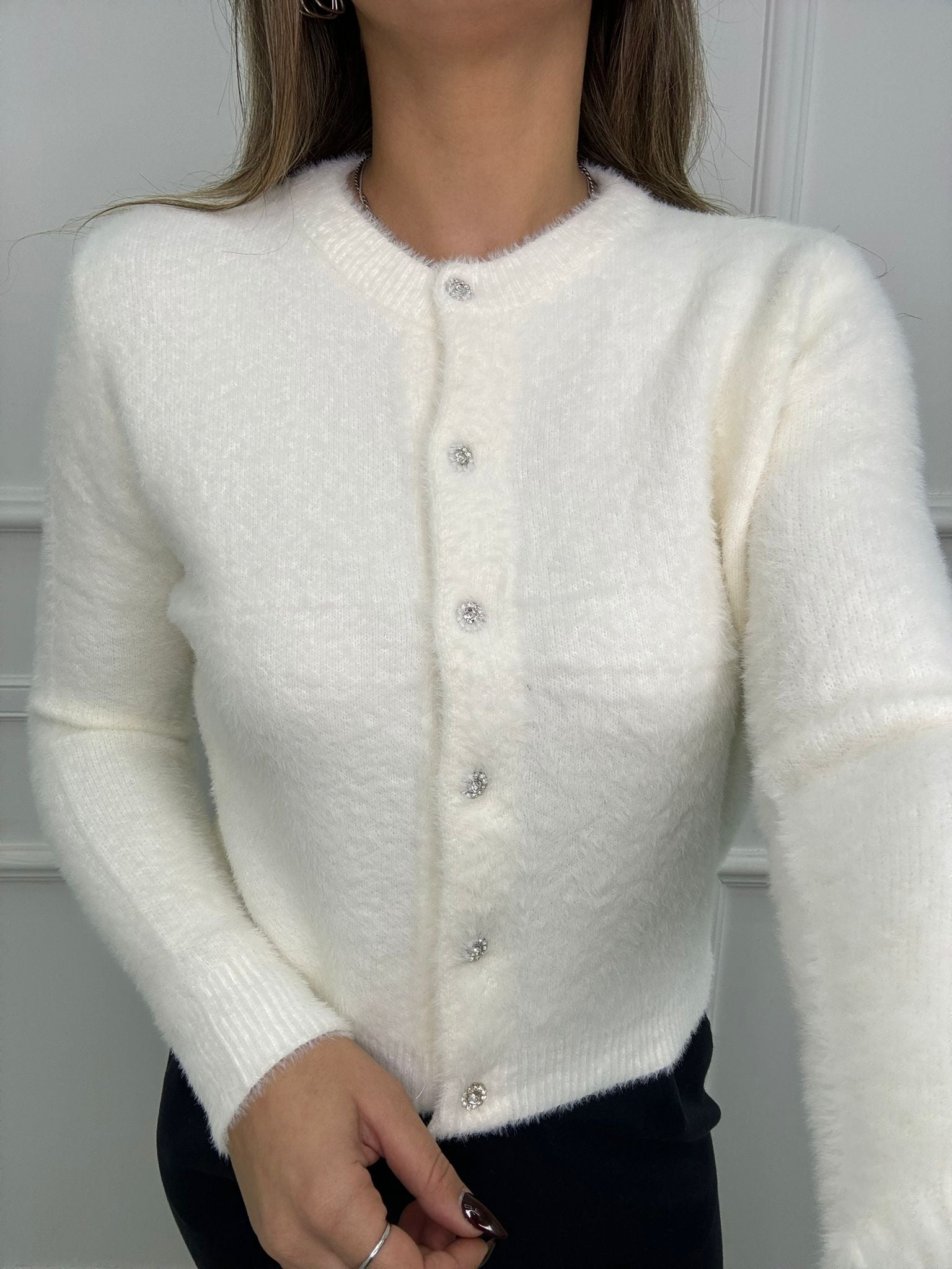 Cardigan in pelo con bottoni gioiello