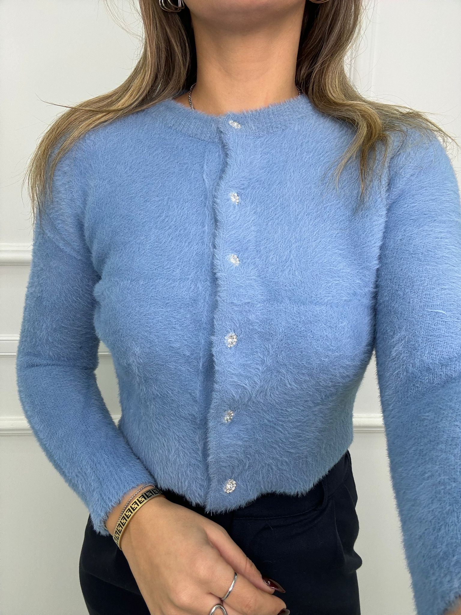 Cardigan in pelo con bottoni gioiello