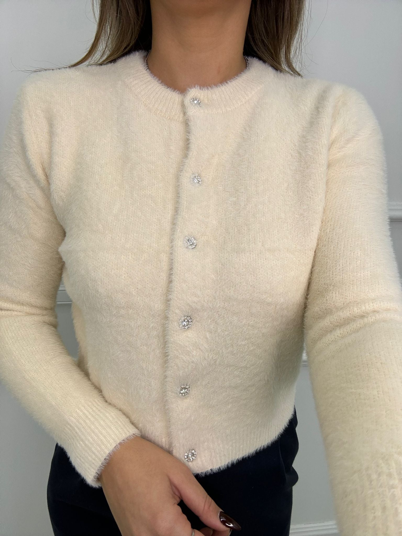 Cardigan in pelo con bottoni gioiello