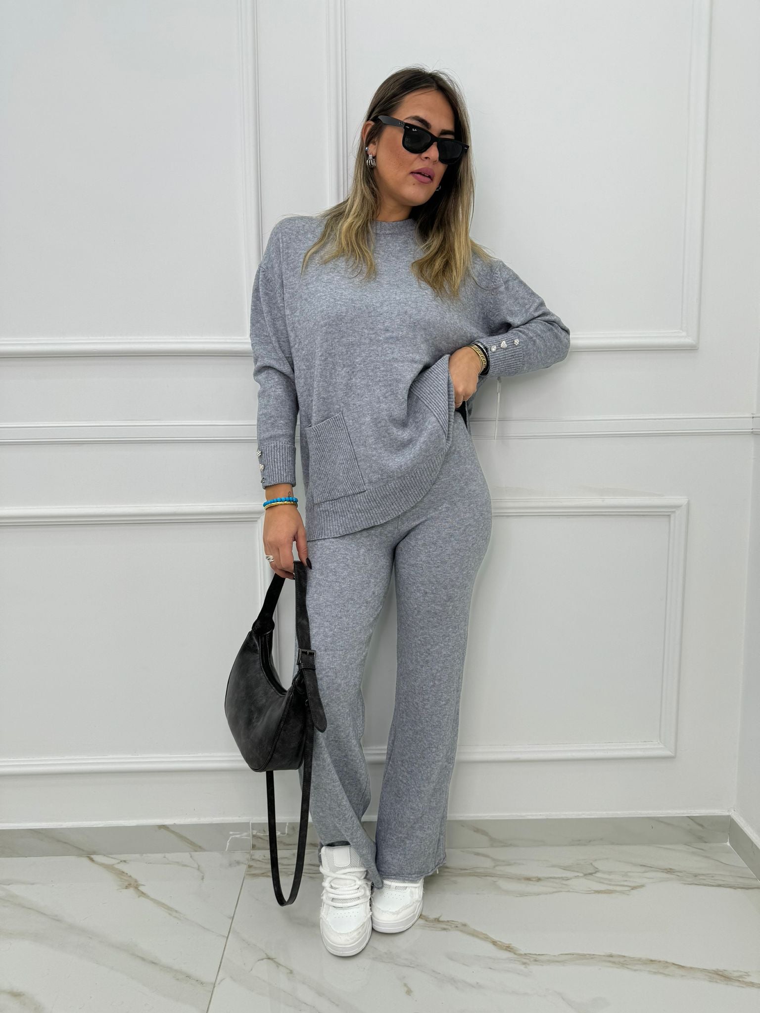 Coordinato 2 pezzi tinta unita con maglia lunga con tasconi