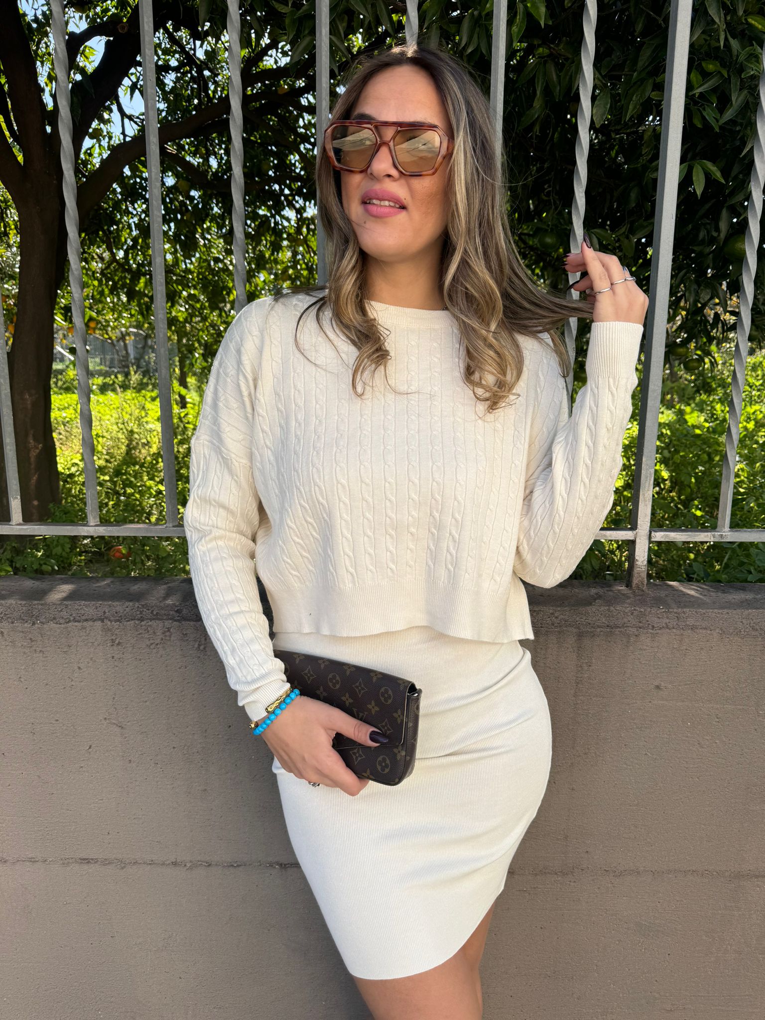 Coordinato 2 pezzi con vestito e maglia trama treccia
