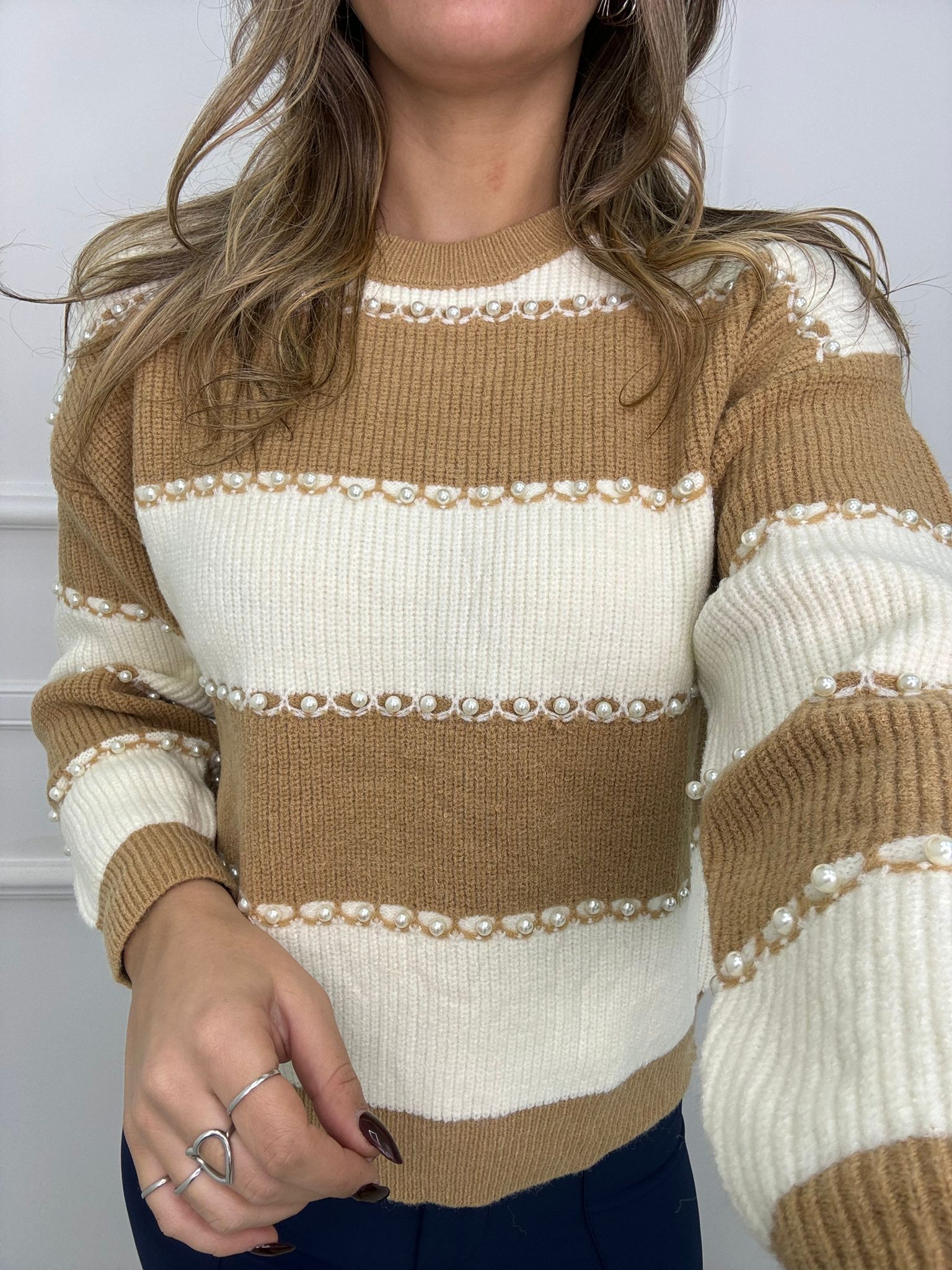 Maglione over a righe con perle