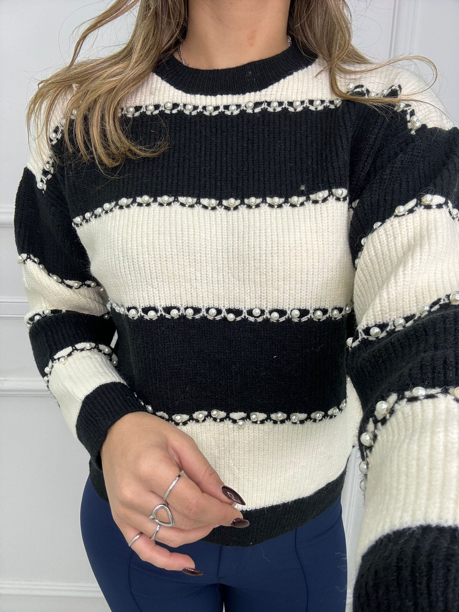 Maglione over a righe con perle