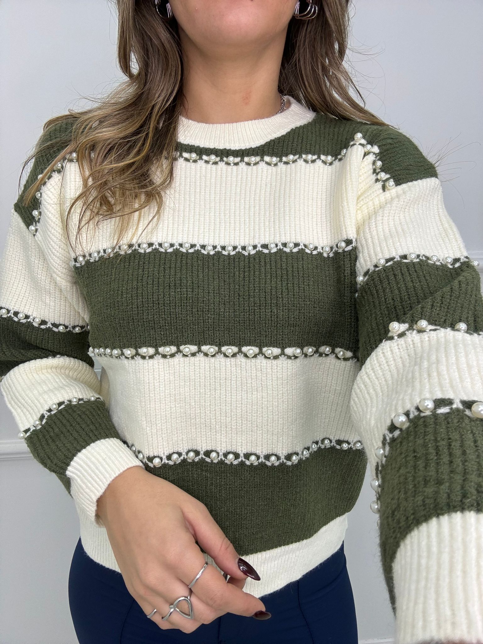 Maglione over a righe con perle