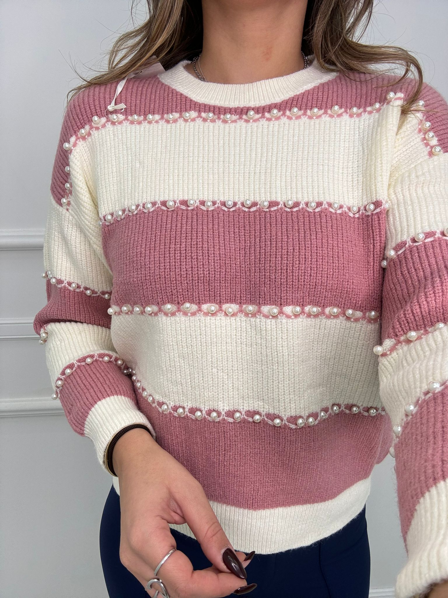 Maglione over a righe con perle