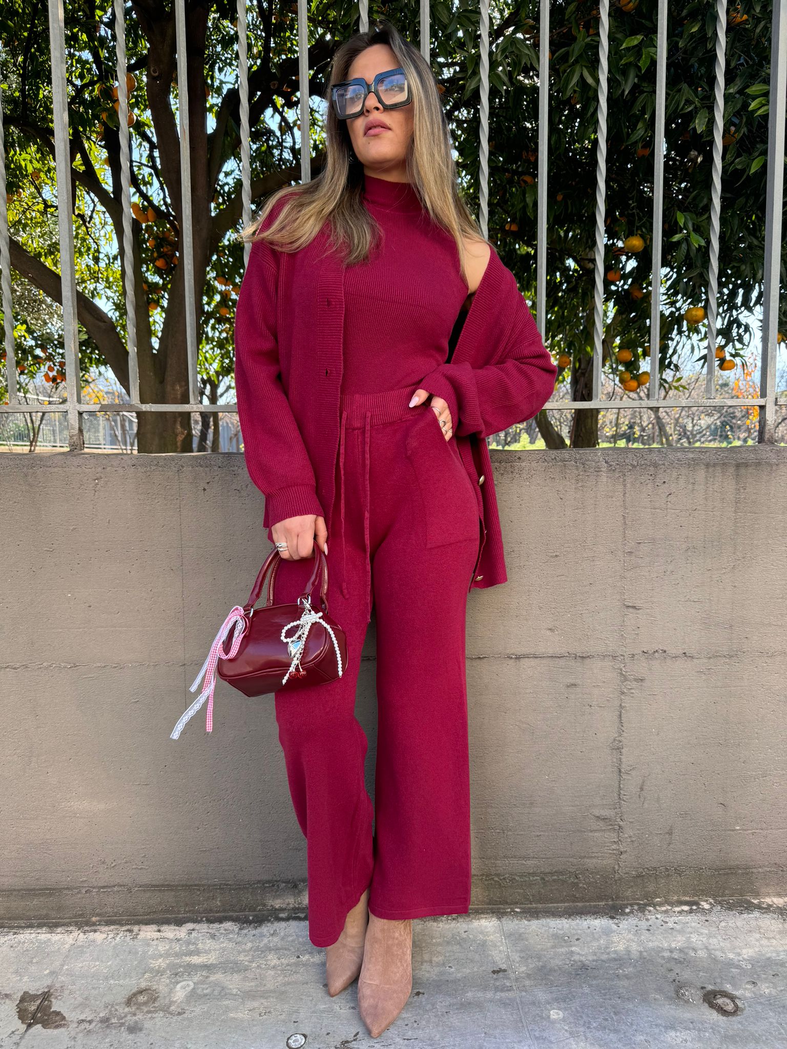 Coordinato 3 pezzi con cardigan over e bottoni oro
