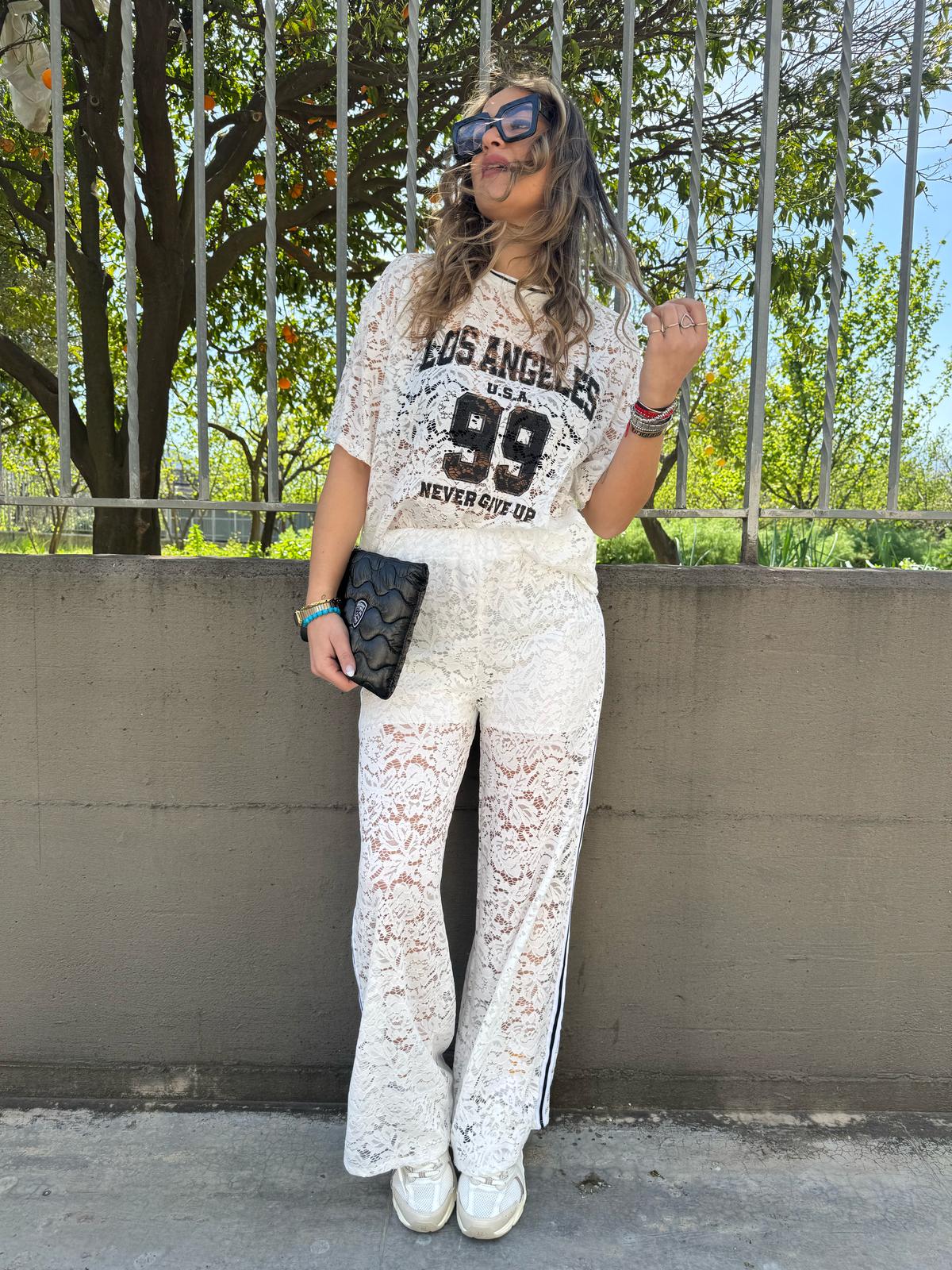 Coordinato 2 pezzi in pizzo con pantalone palazzo