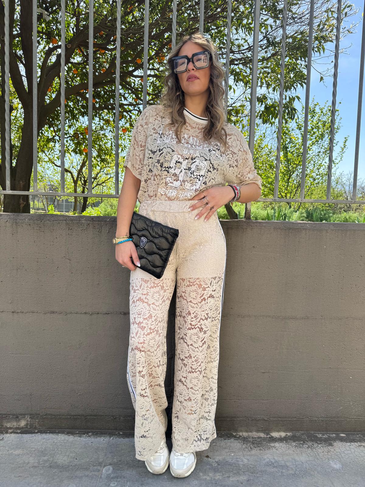 Coordinato 2 pezzi in pizzo con pantalone palazzo