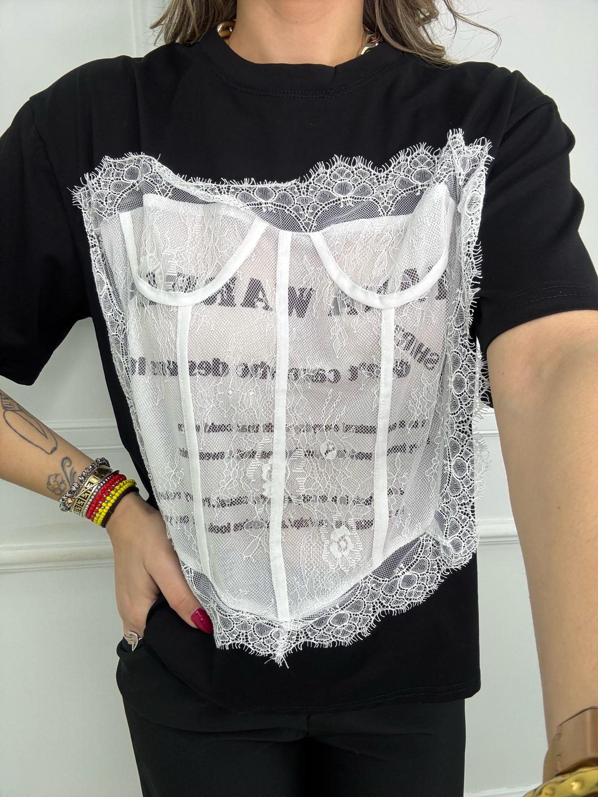 T-shirt con finto corpetto in merletto