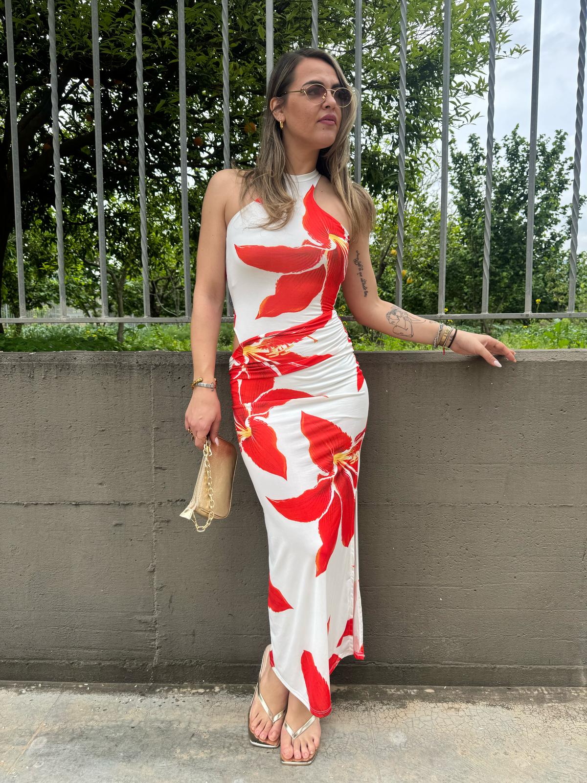 Vestito lungo a fantasia con fascia in vita