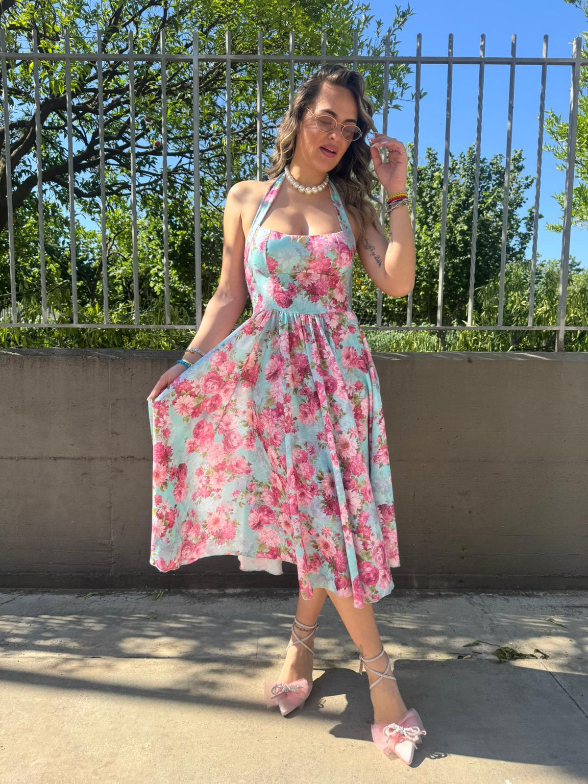 Vestito midi floreale effetto lino scampanato