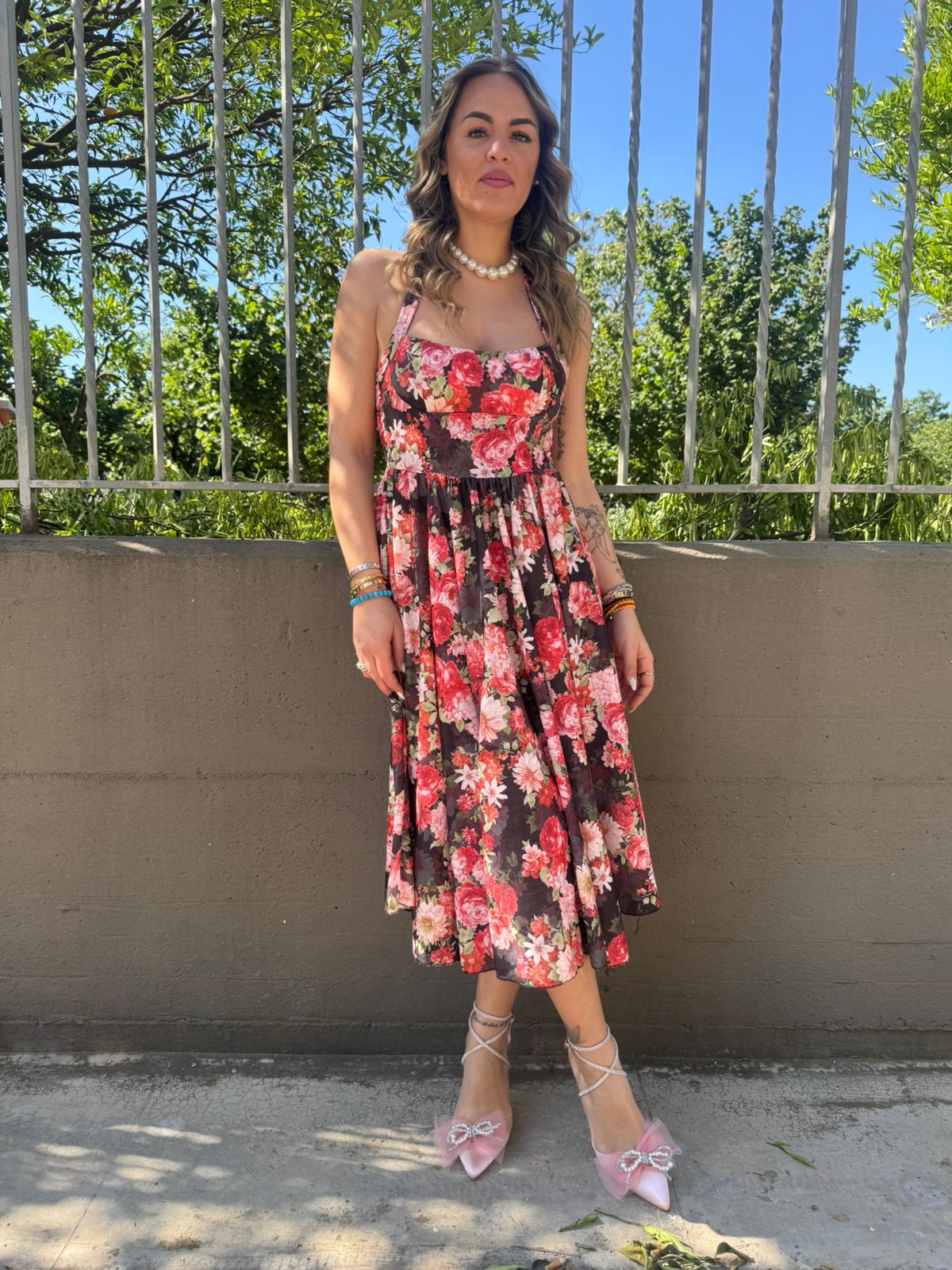 Vestito midi floreale effetto lino scampanato