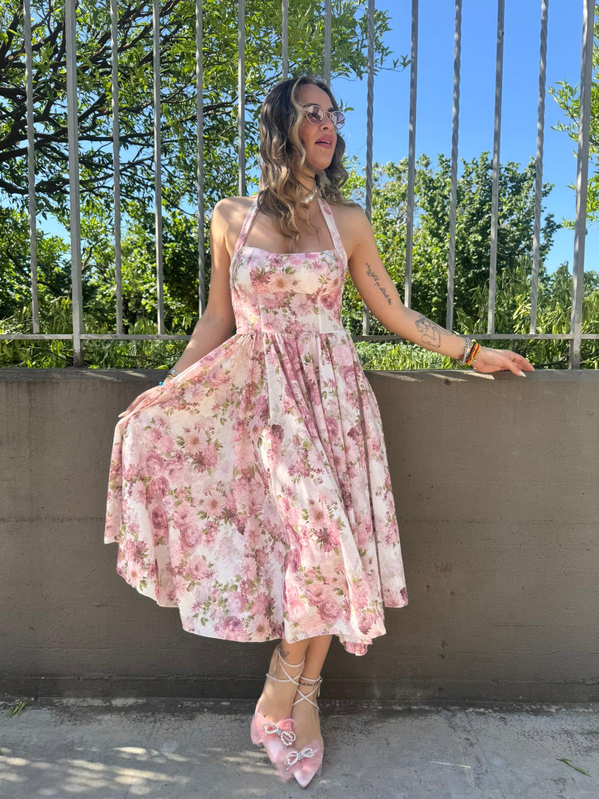 Vestito midi floreale effetto lino scampanato