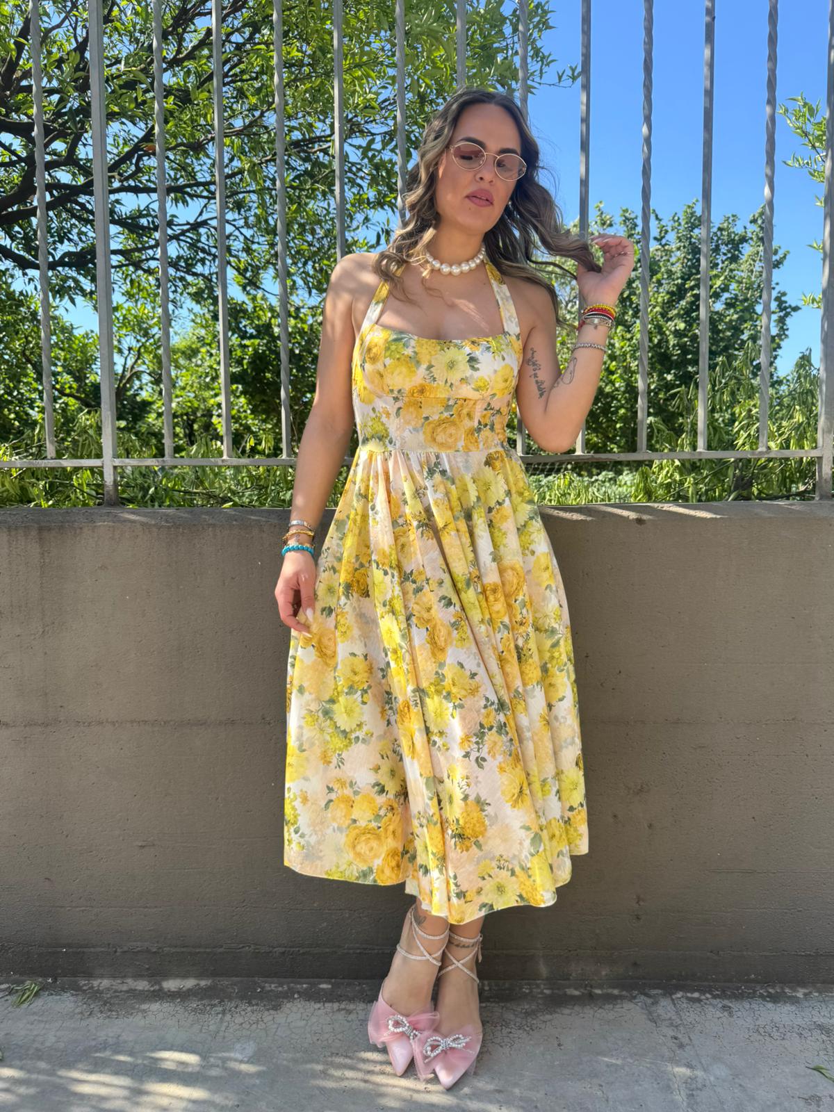 Vestito midi floreale effetto lino scampanato