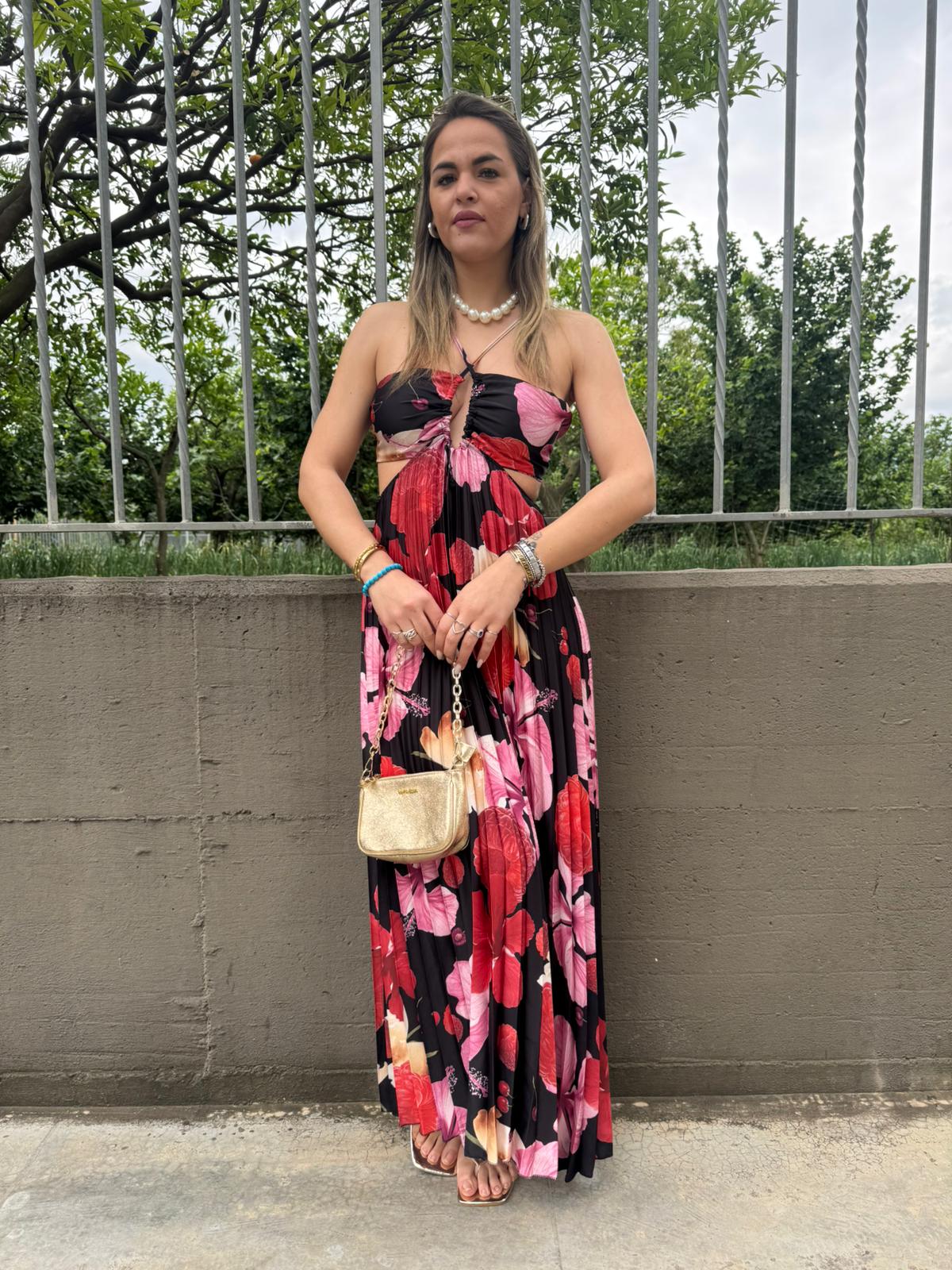 Vestito lungo plissettato fantasia floreale