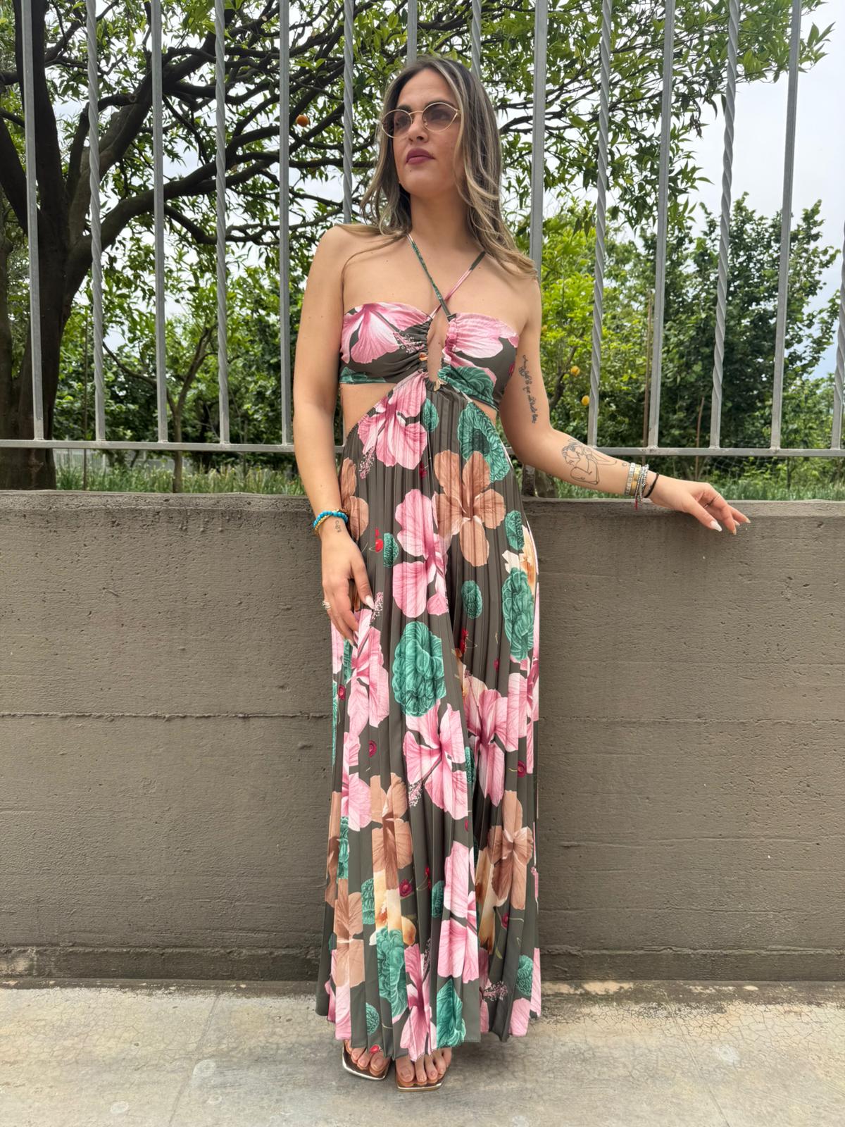 Vestito lungo plissettato fantasia floreale