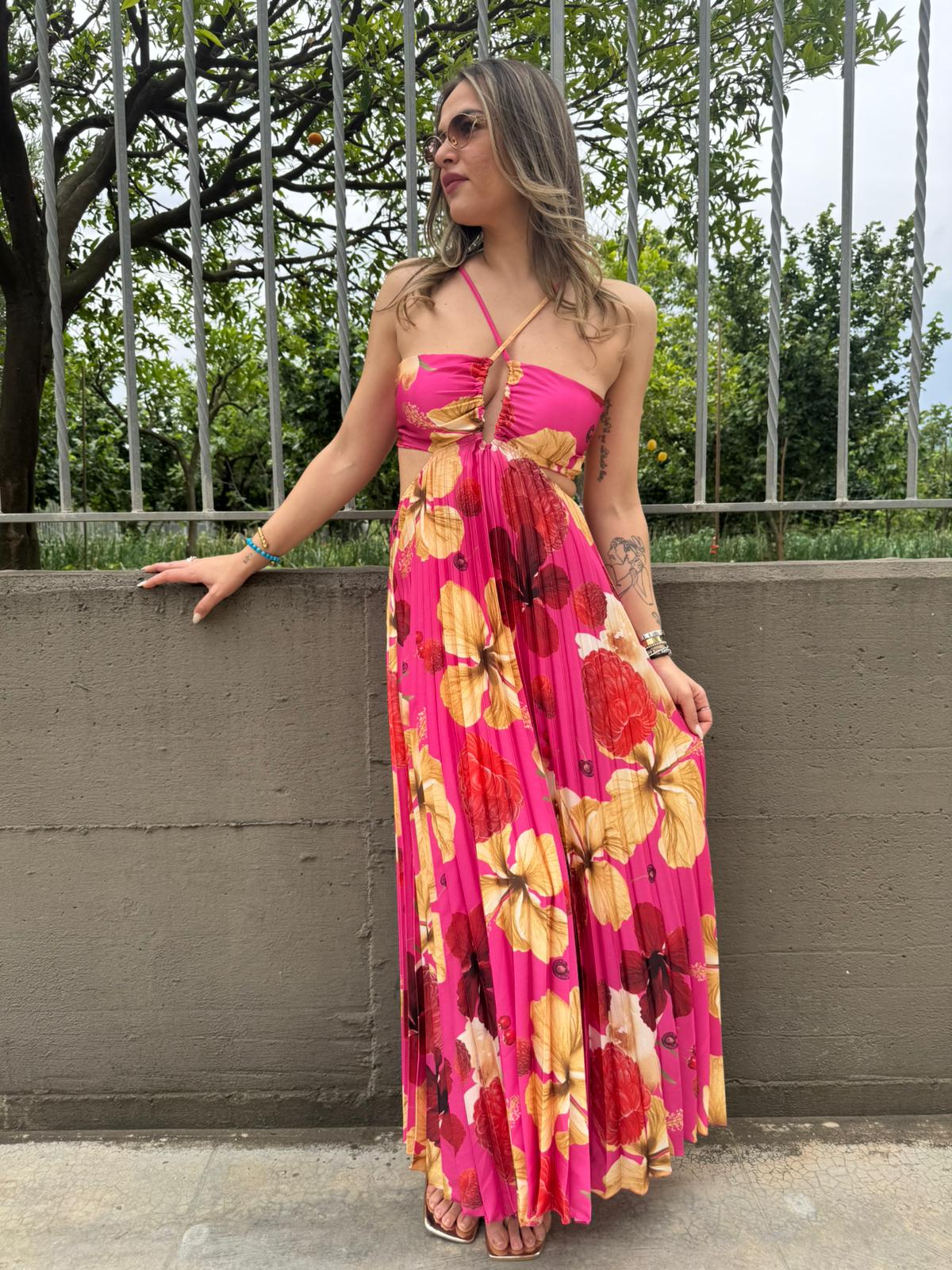 Vestito lungo plissettato fantasia floreale