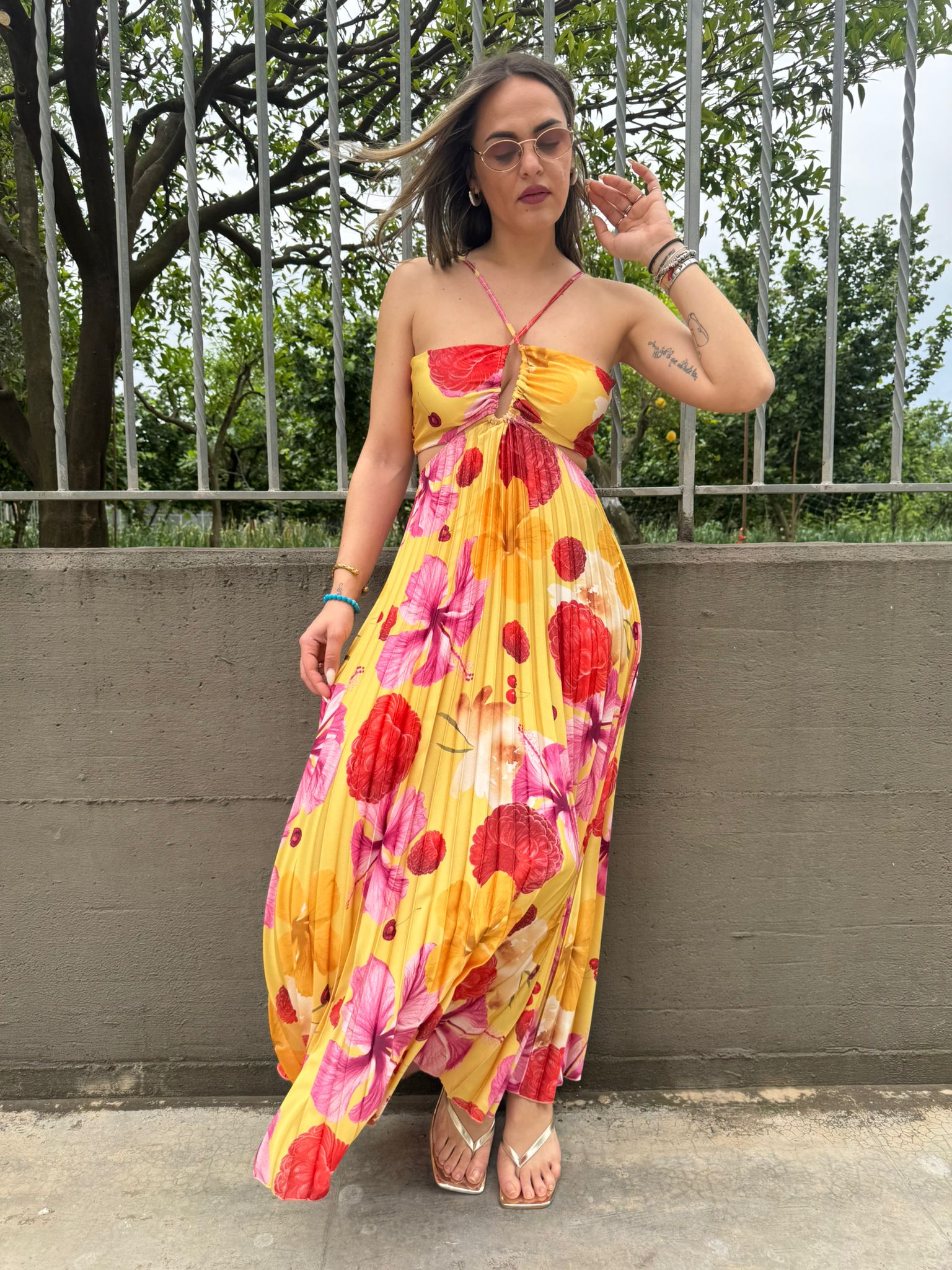 Vestito lungo plissettato fantasia floreale