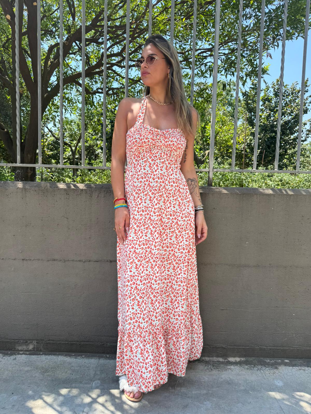 Vestito lungo fantasia fiori con scollo a cuore arricciato