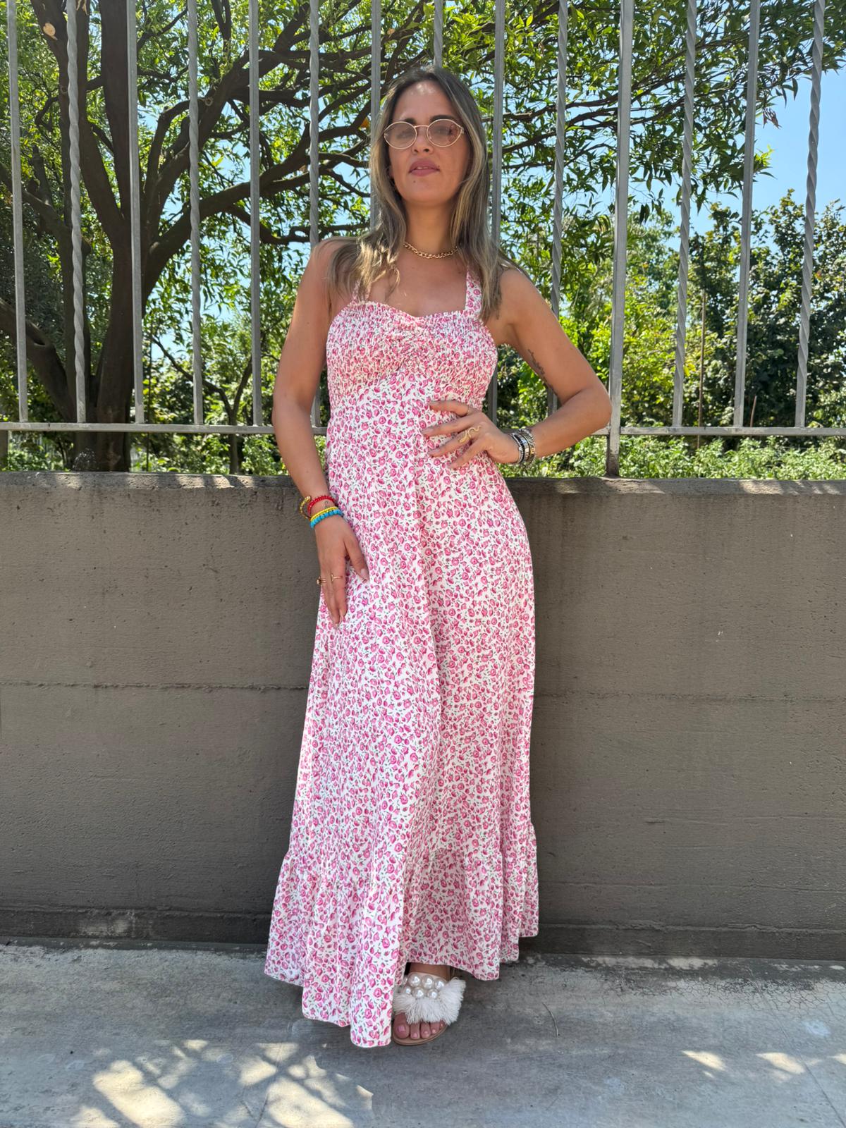 Vestito lungo fantasia fiori con scollo a cuore arricciato