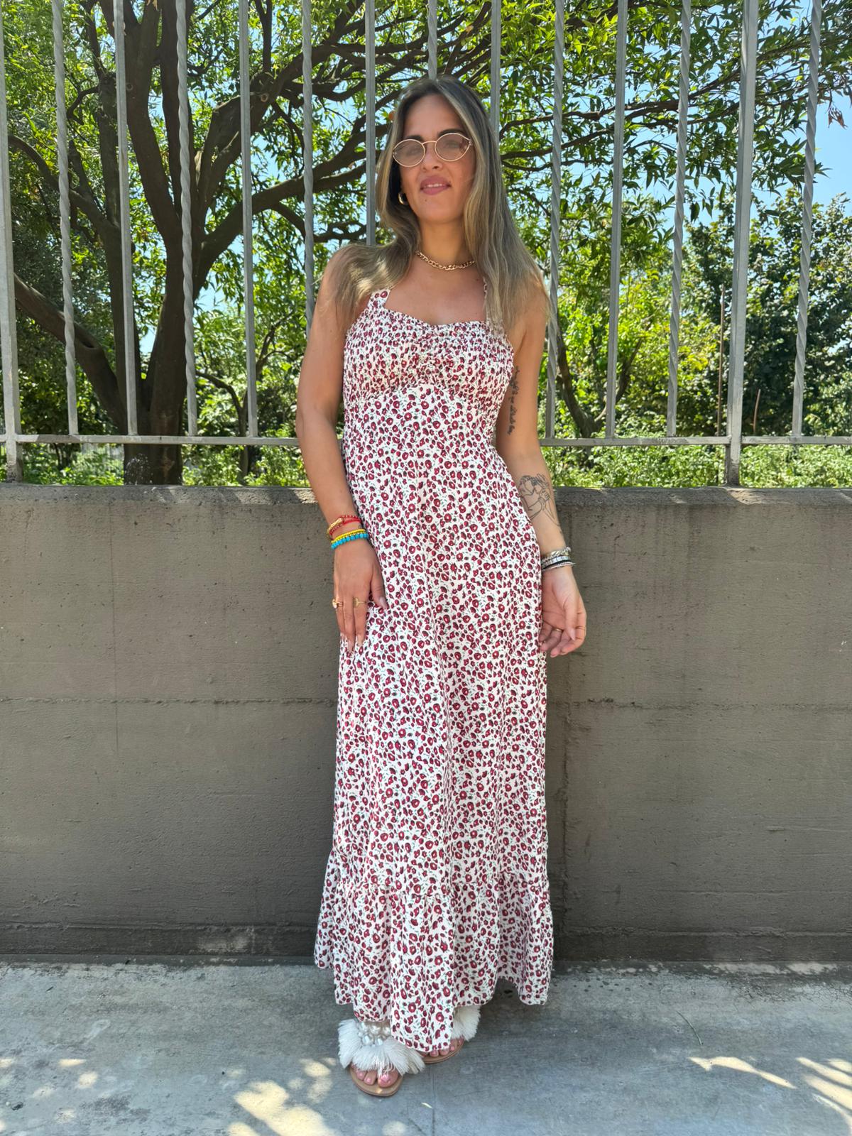 Vestito lungo fantasia fiori con scollo a cuore arricciato