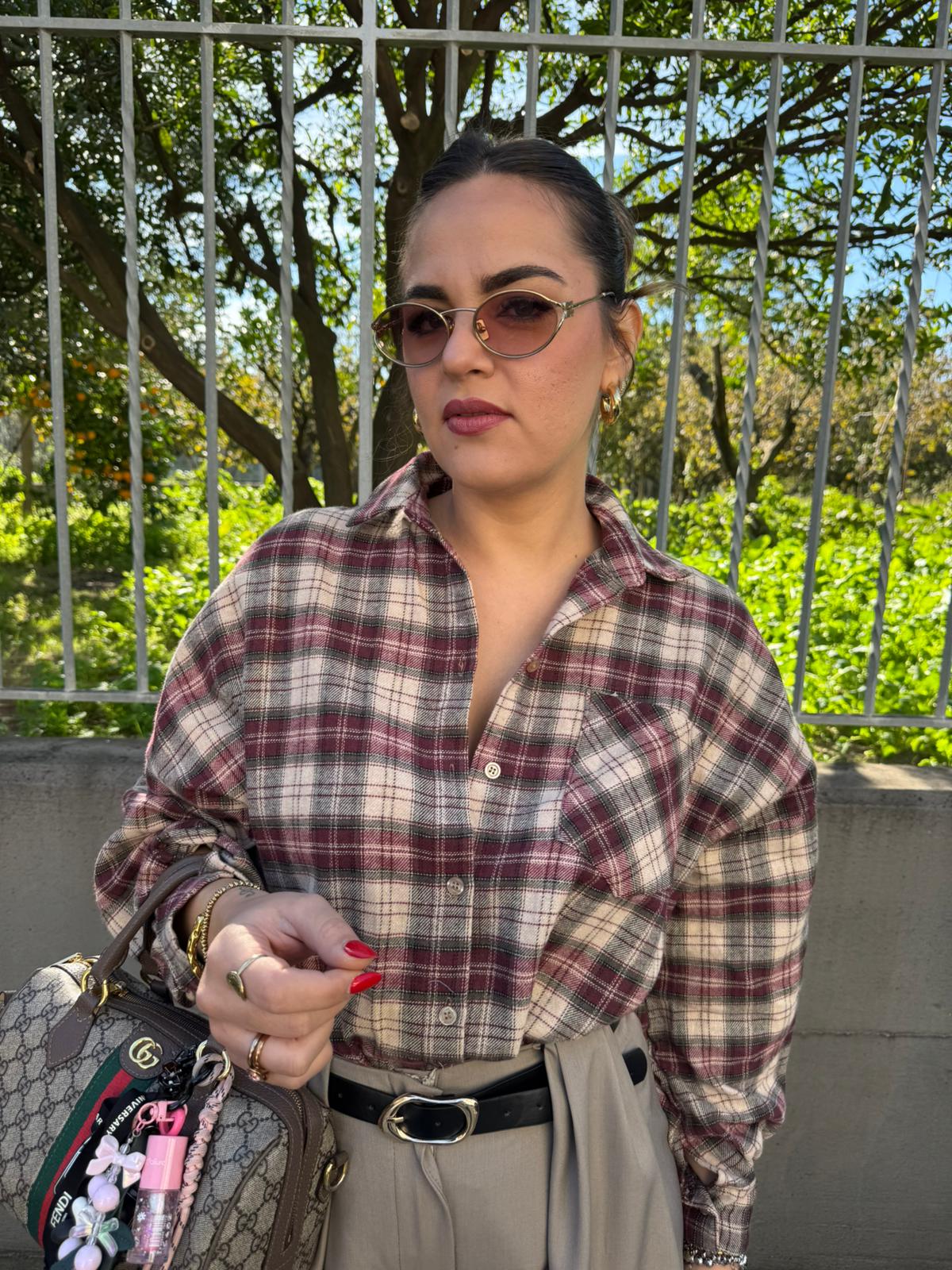 Camicia in flanella fantasia quadri con maniche a palloncino