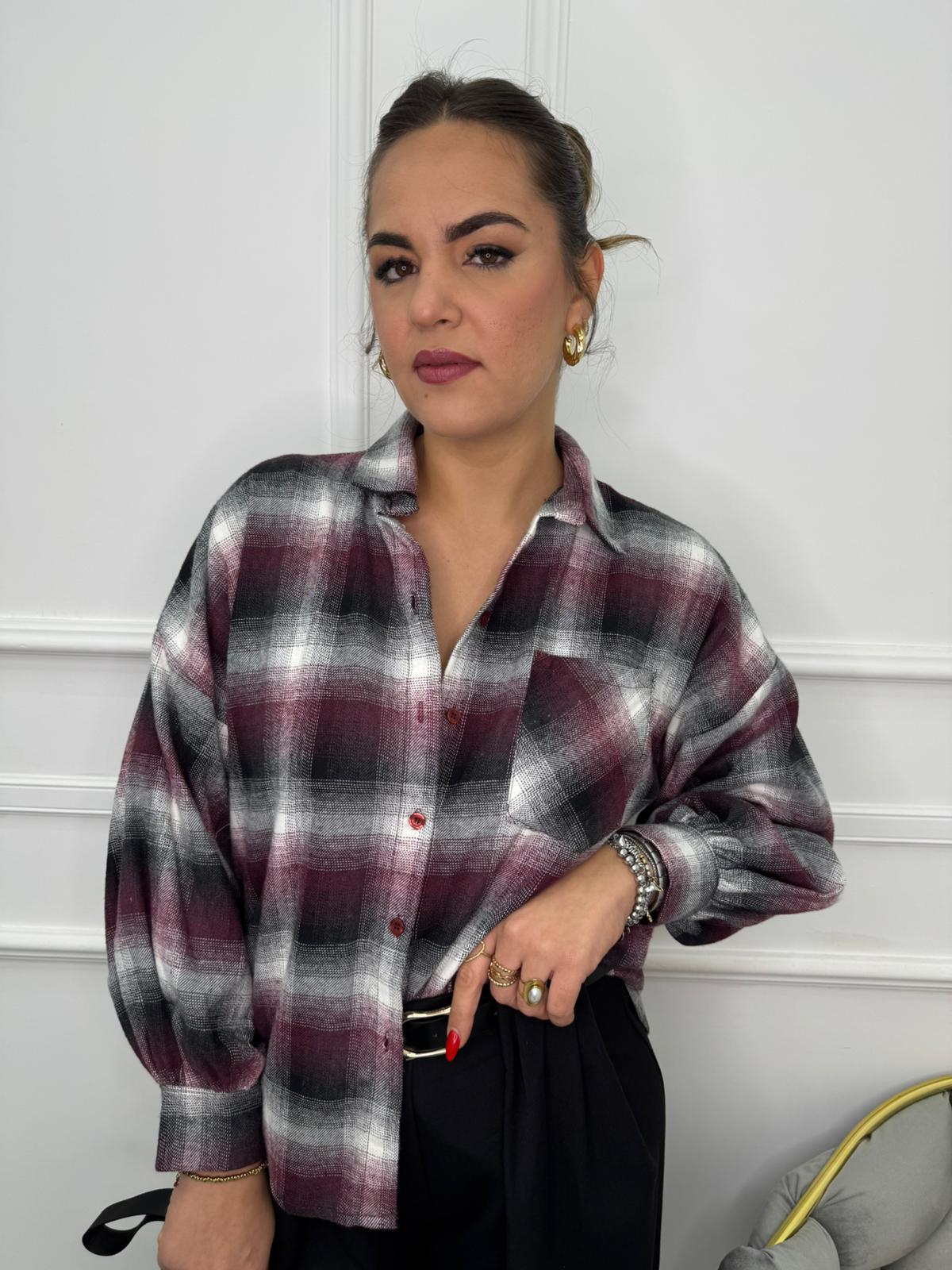 Camicia in flanella fantasia quadri con maniche a palloncino