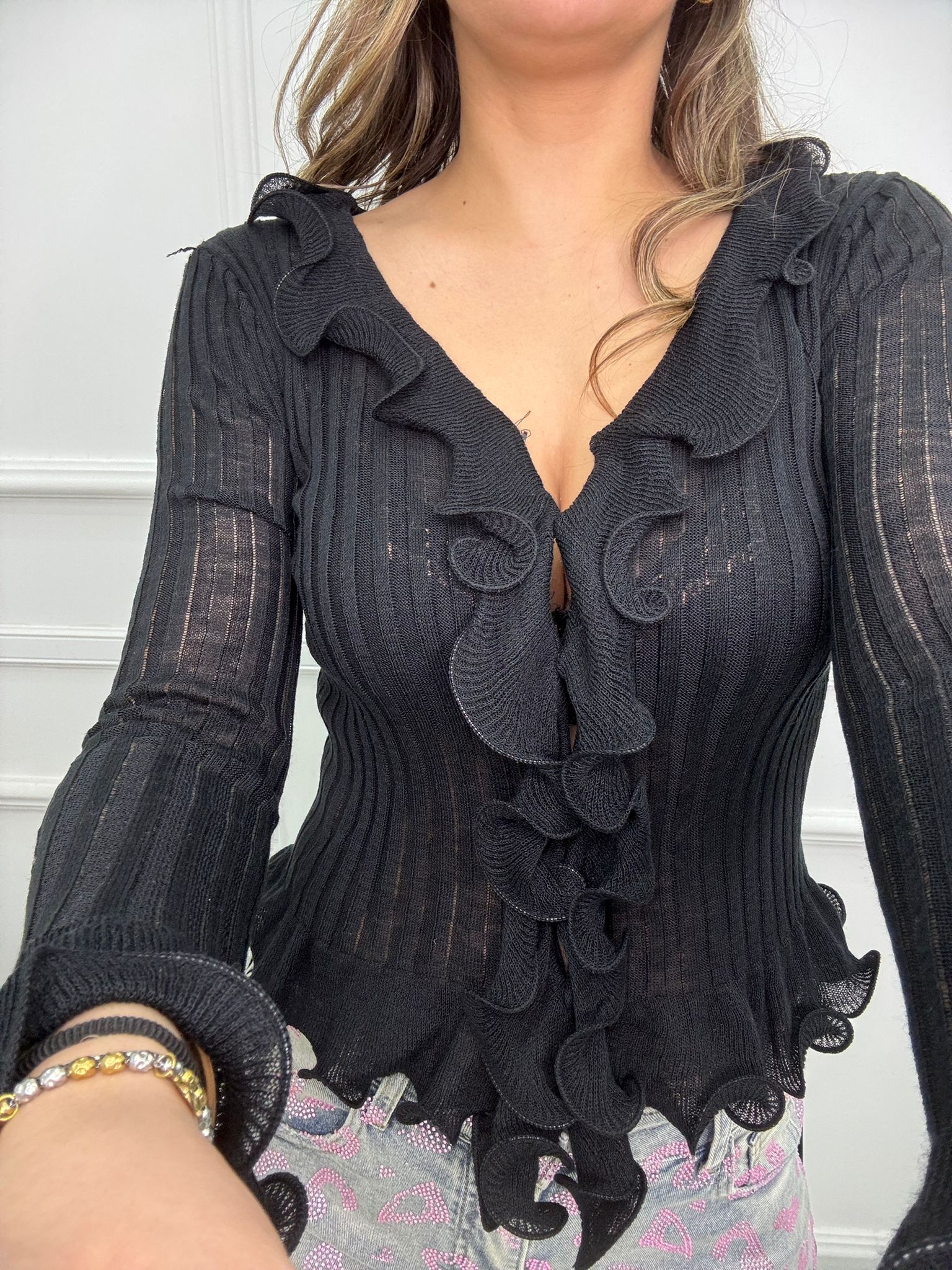Cardigan velato con rouches
