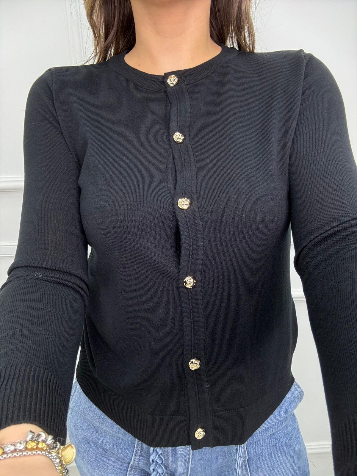 Cardigan giro collo con bottoni oro