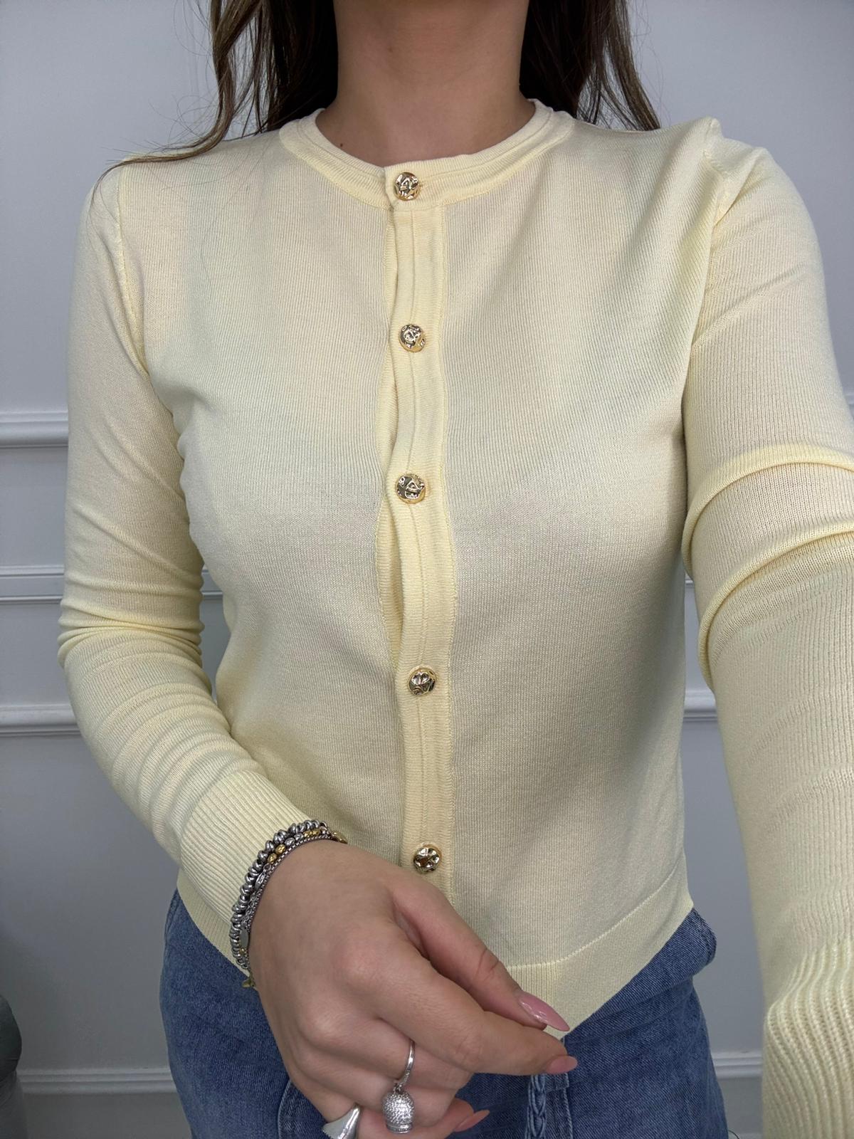 Cardigan giro collo con bottoni oro