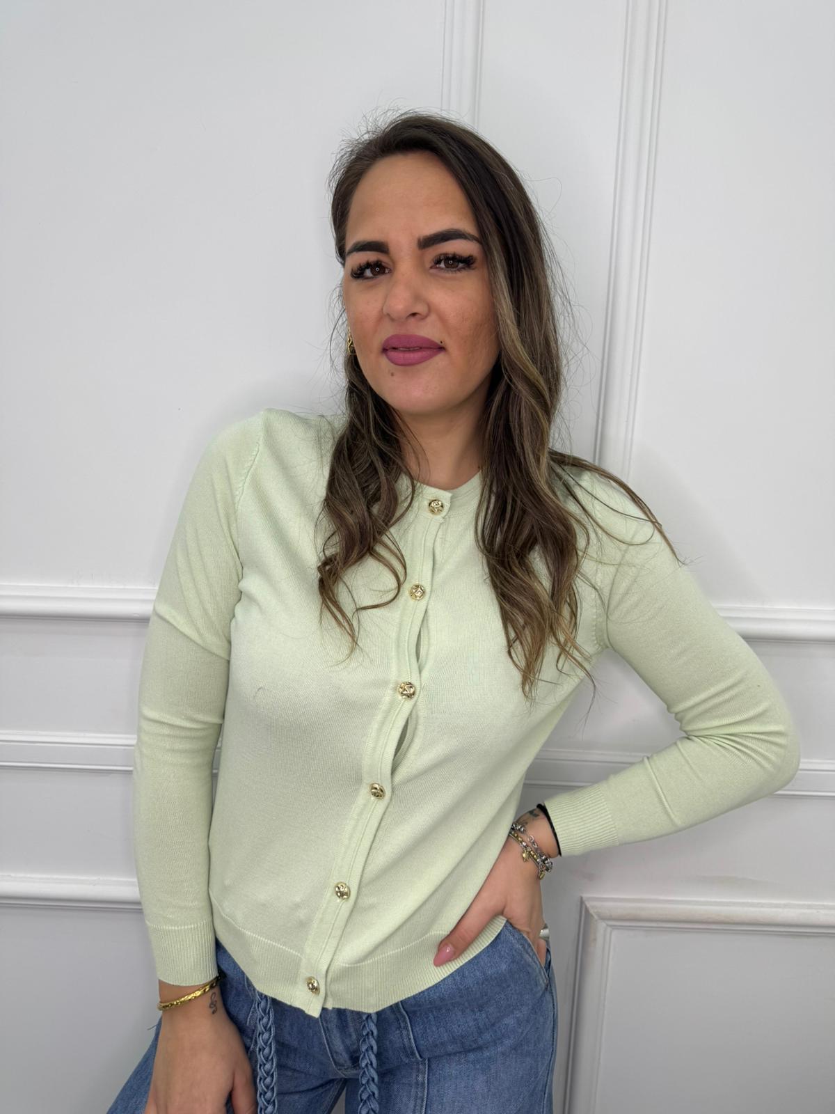 Cardigan giro collo con bottoni oro