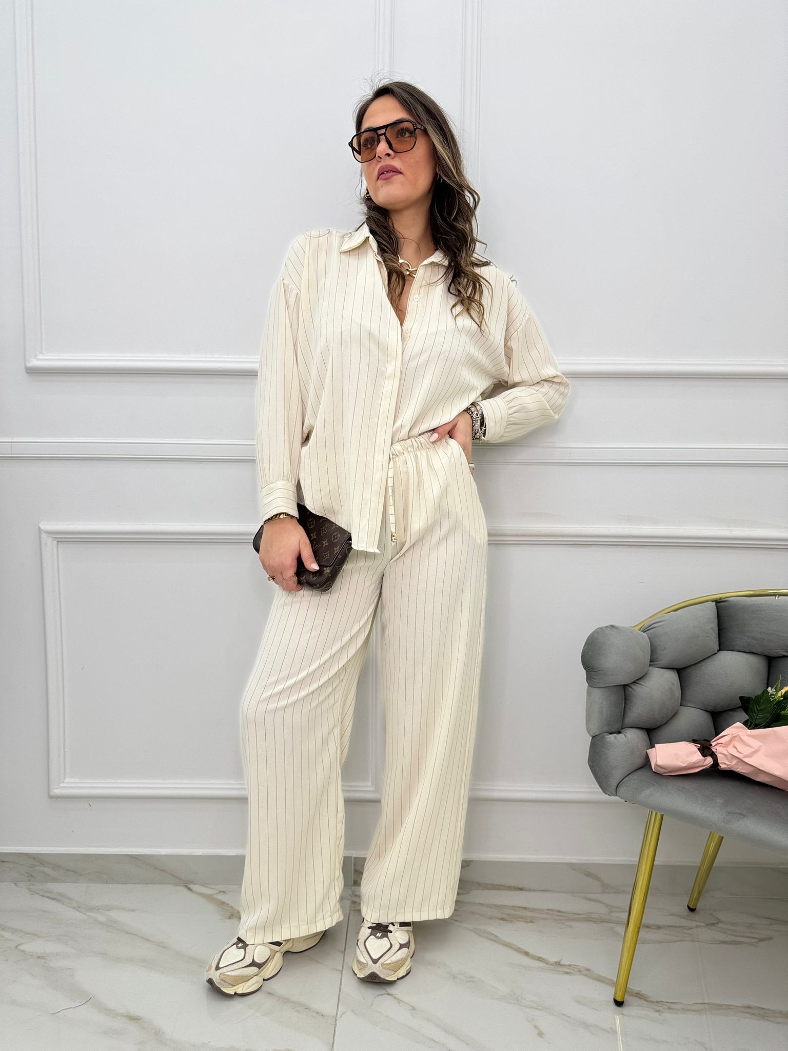 Coordinato 2 pezzi a righe con camicia