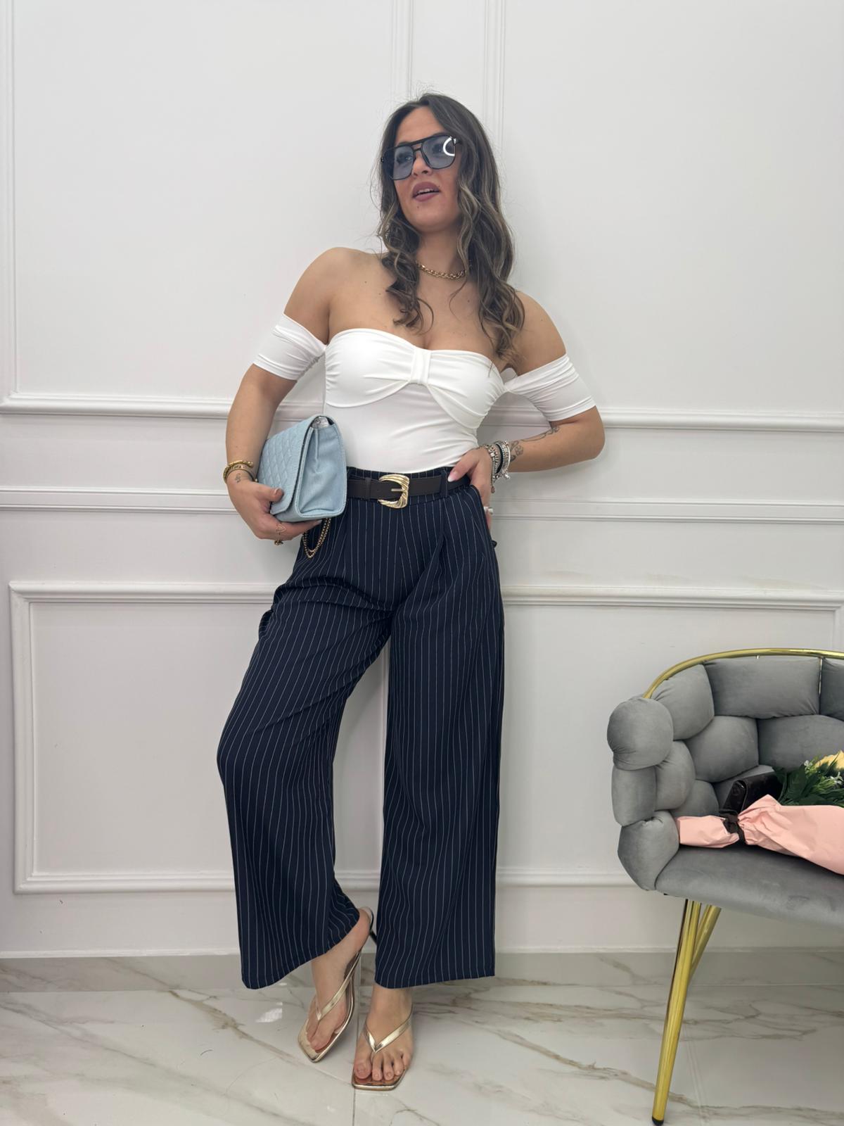 Pantalone palazzo a righe con cintura
