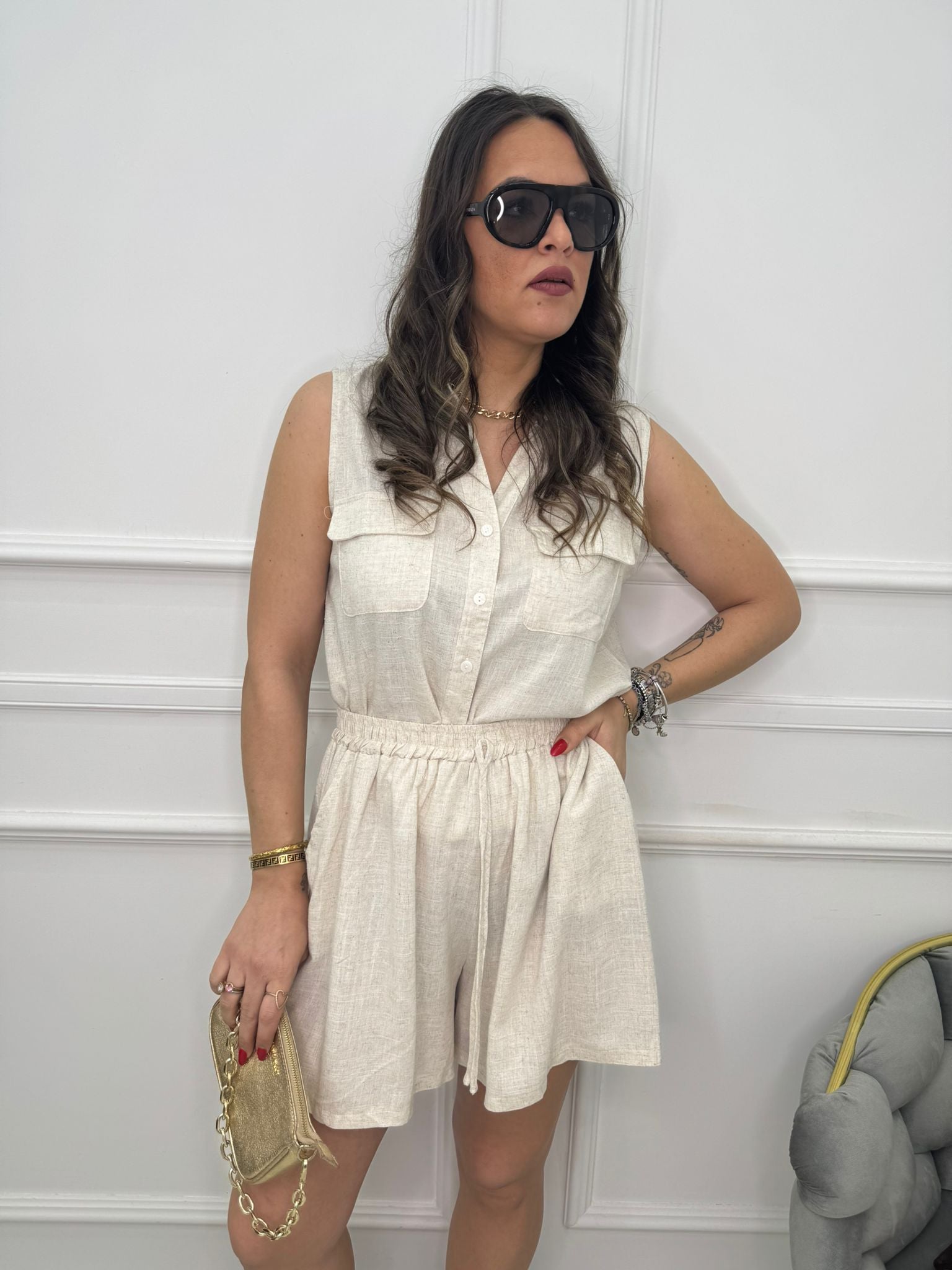 Coordinato 2 pezzi in simil lino con camicia giro manica