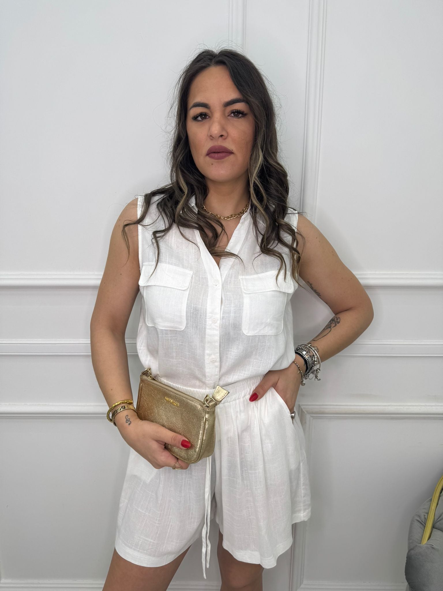 Coordinato 2 pezzi in simil lino con camicia giro manica