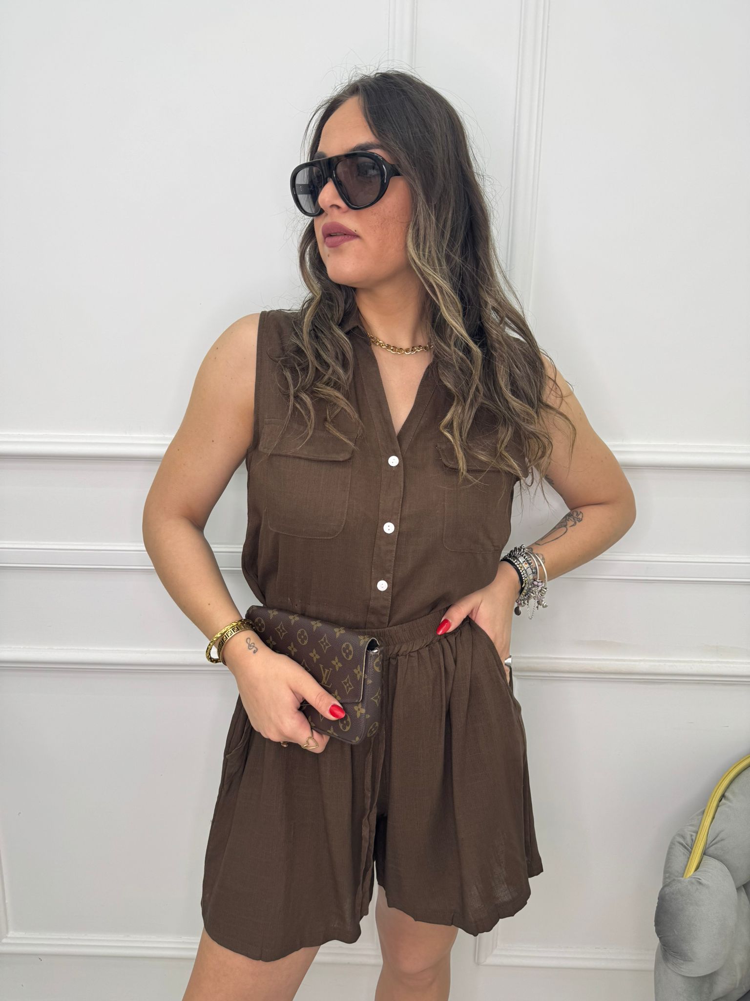 Coordinato 2 pezzi in simil lino con camicia giro manica