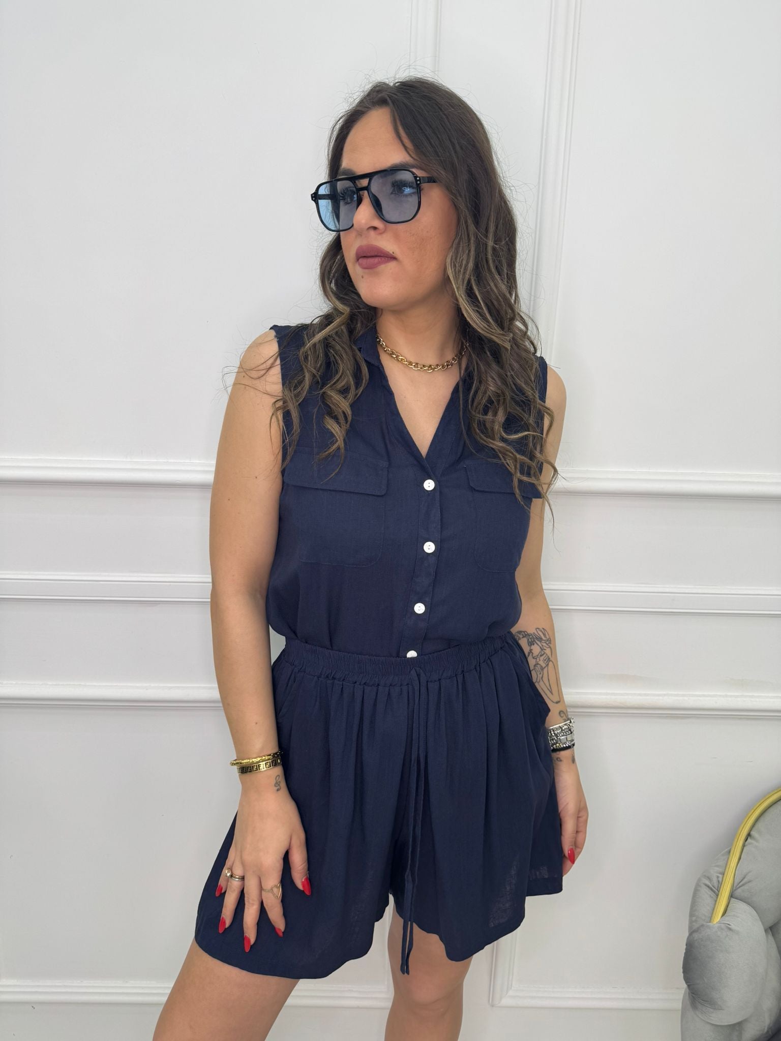 Coordinato 2 pezzi in simil lino con camicia giro manica