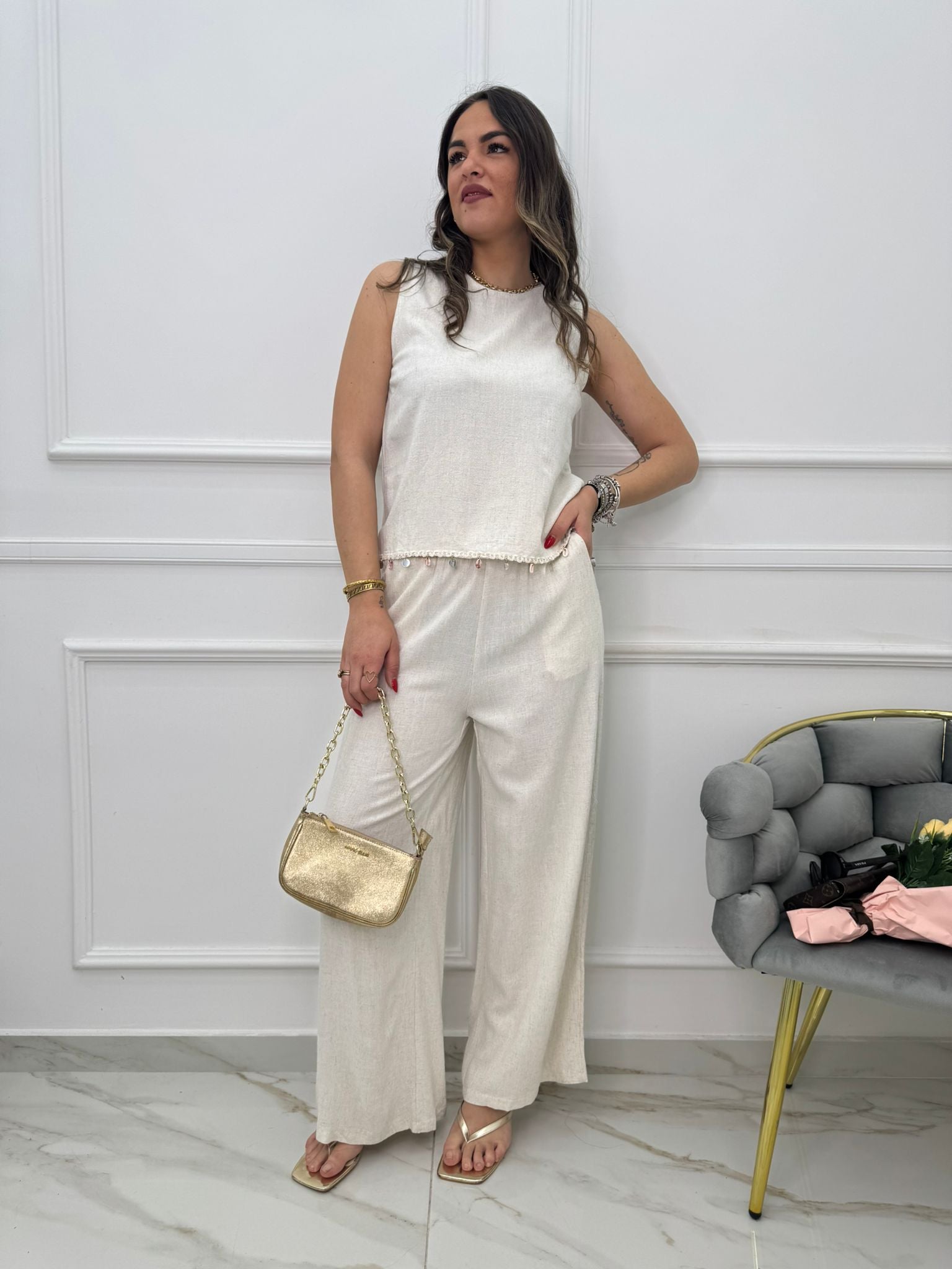 Coordinato 2 pezzi in simil lino con pantalone palazzo