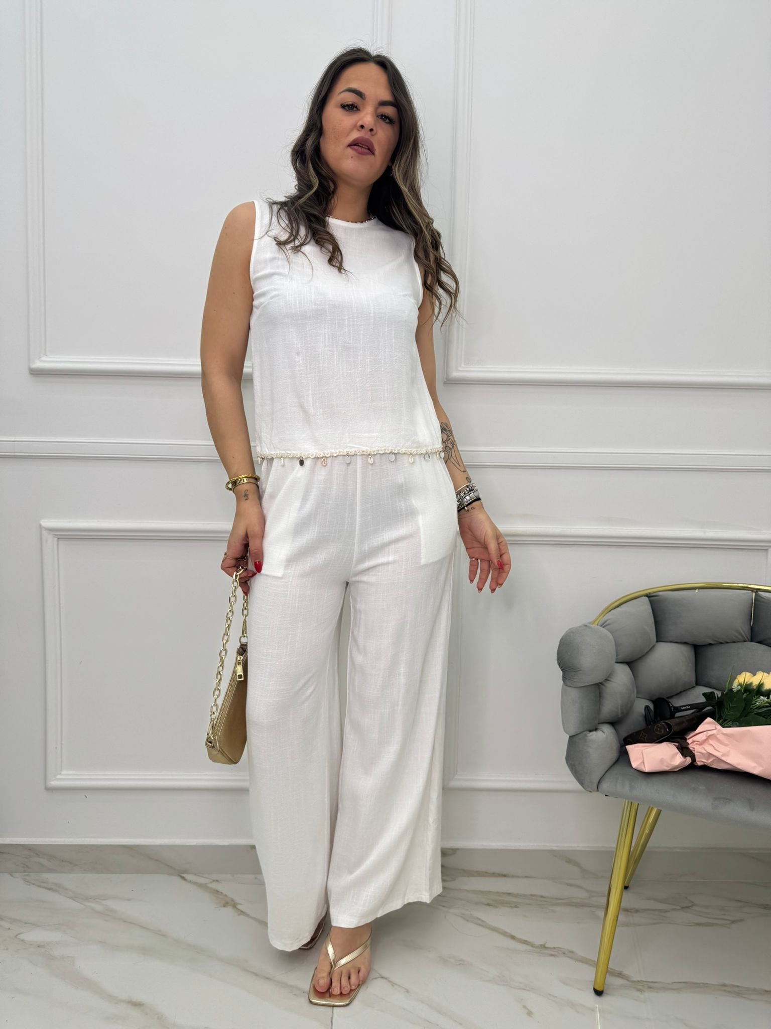 Coordinato 2 pezzi in simil lino con pantalone palazzo